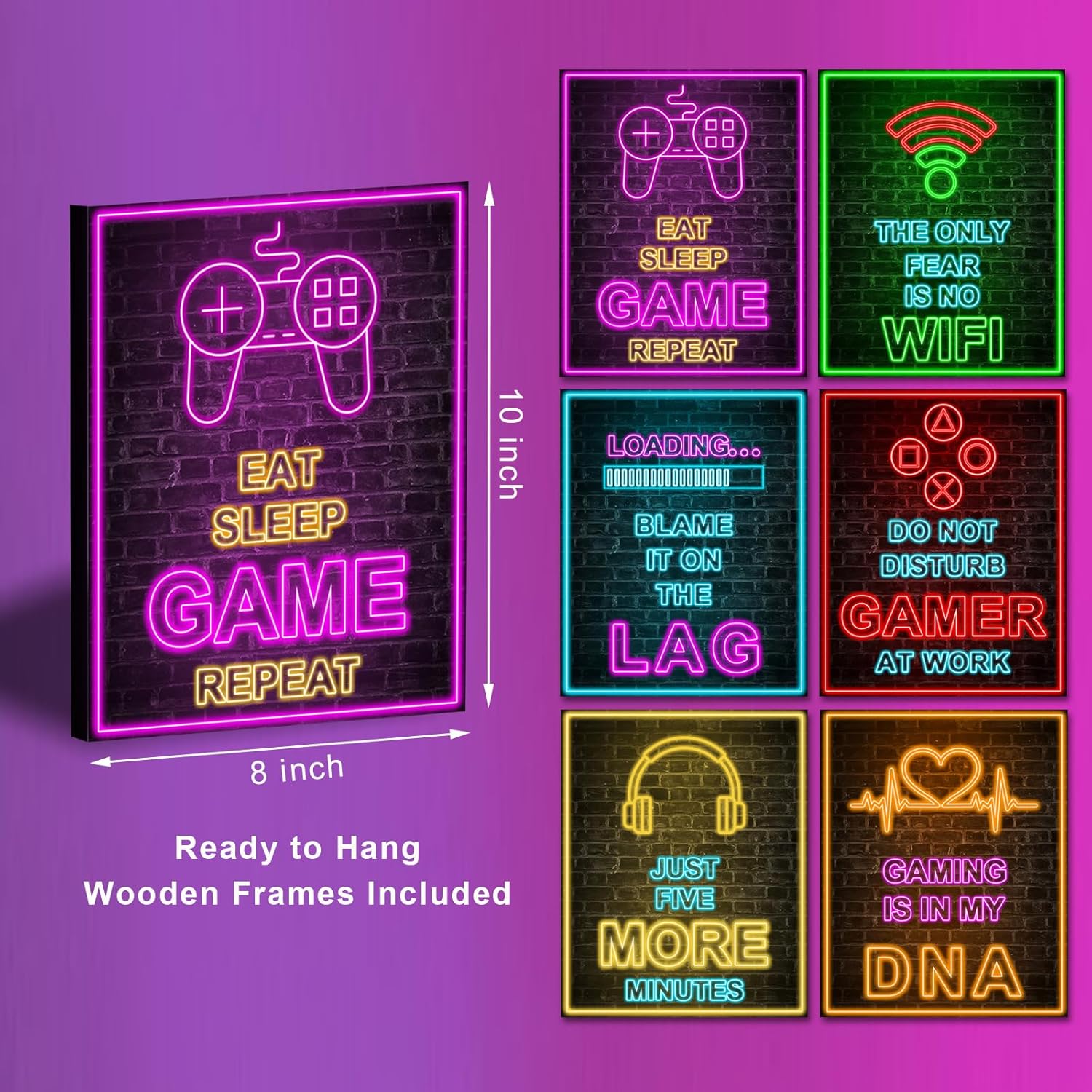Framed Gamer Room decor, Printed Neon Canvas Video Game Decor, Gaming Wall Art for Boys Bedroom Gamer Game Room Boys Room (Set of 6, 8x10 inch, Framed)