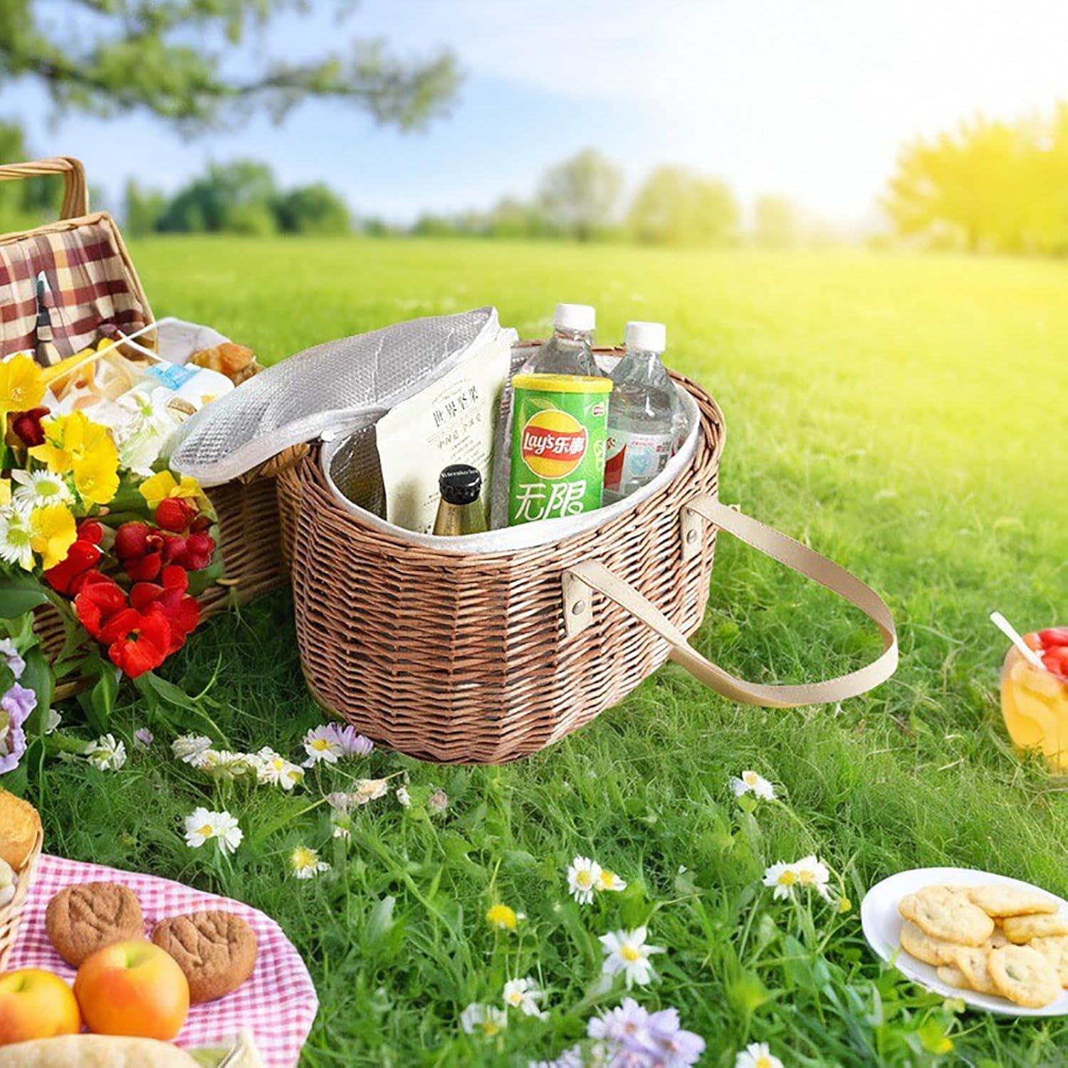 Wicker Insulated Picnic Basket, Natural Willow Hamper Empty Basket with Insulated Cooler Bag and Lid for Camping Outdoor Easter - Image 6