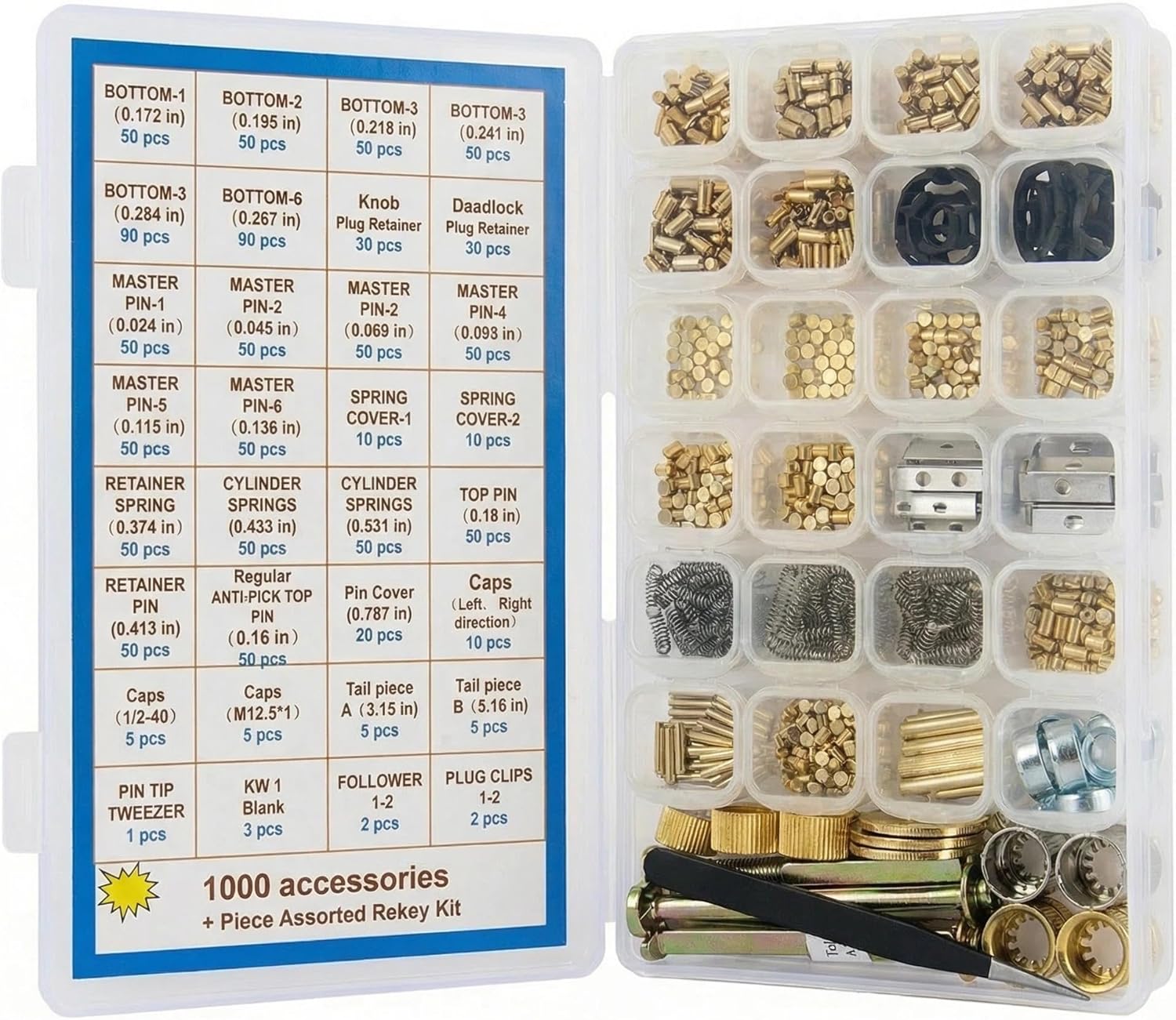 1000-Piece KW1 Rekey Kit Compatible with Kw-ikset – Lock Cylinder Pinning & Replacement Set with Bottom Pins, Master Pins, Springs, 5 commonly Cylinder Service Tools & 3 Test Keys Repair Rekeying Kit