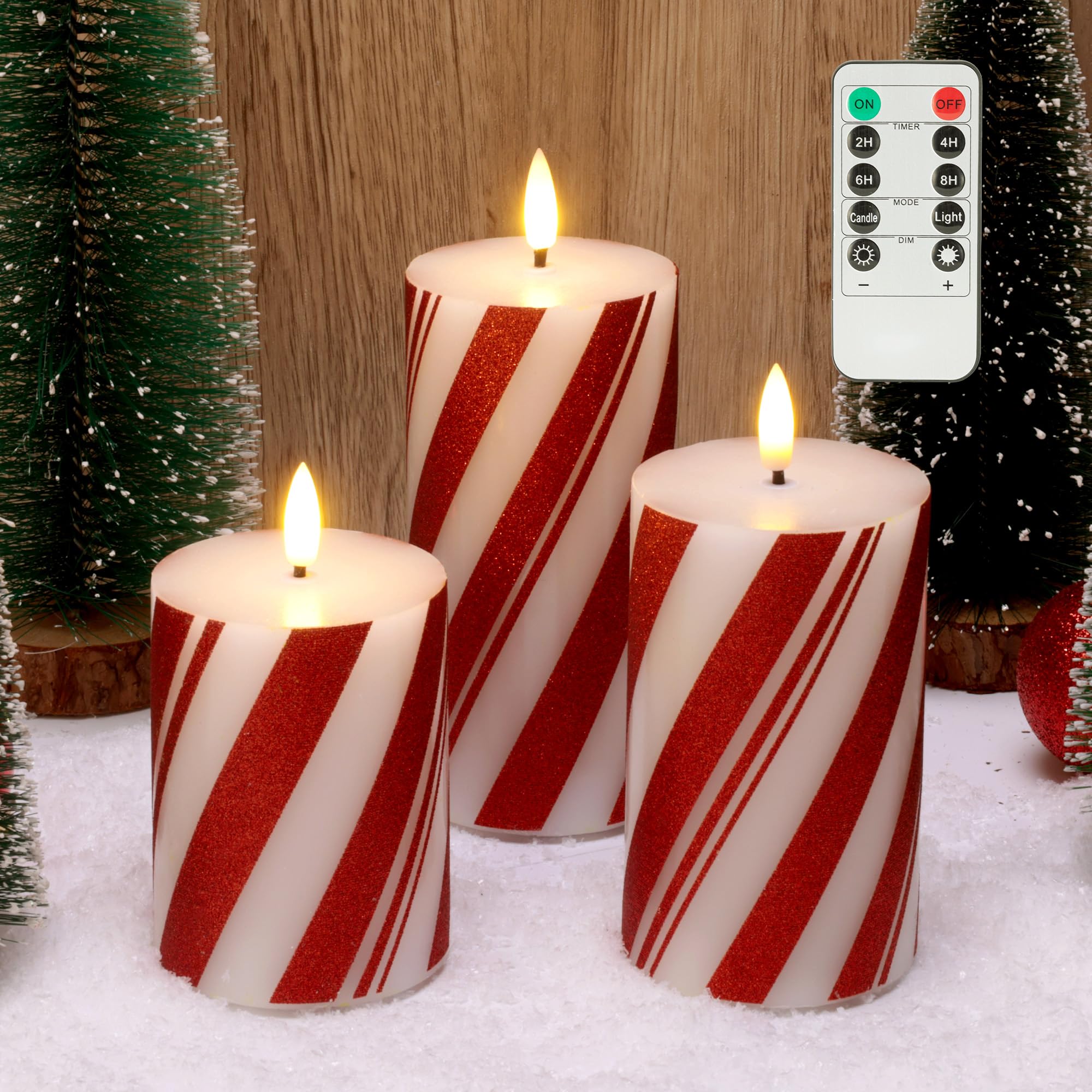 JOIONE Candy Cane Christmas Flameless Pillar Candles with Remote Set of 3