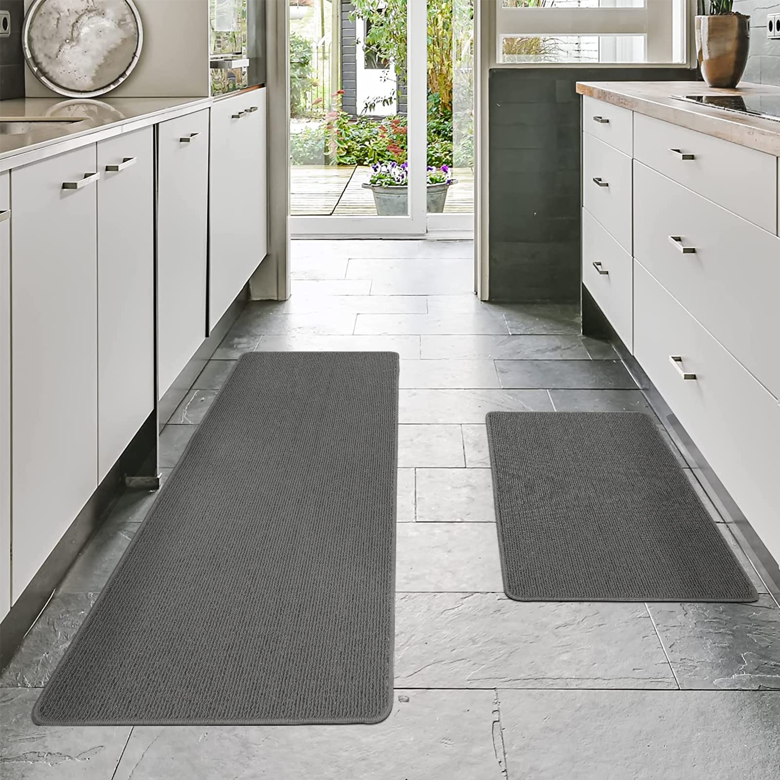 COSY HOMEER 24x35 Inch/24X60 Inch Kitchen Rug Mats Made of 100% Polypropylene Strip TPR Backing 2 Pieces Soft Kitchen Mat Specialized in Anti Slippery and Machine Washable,Grey