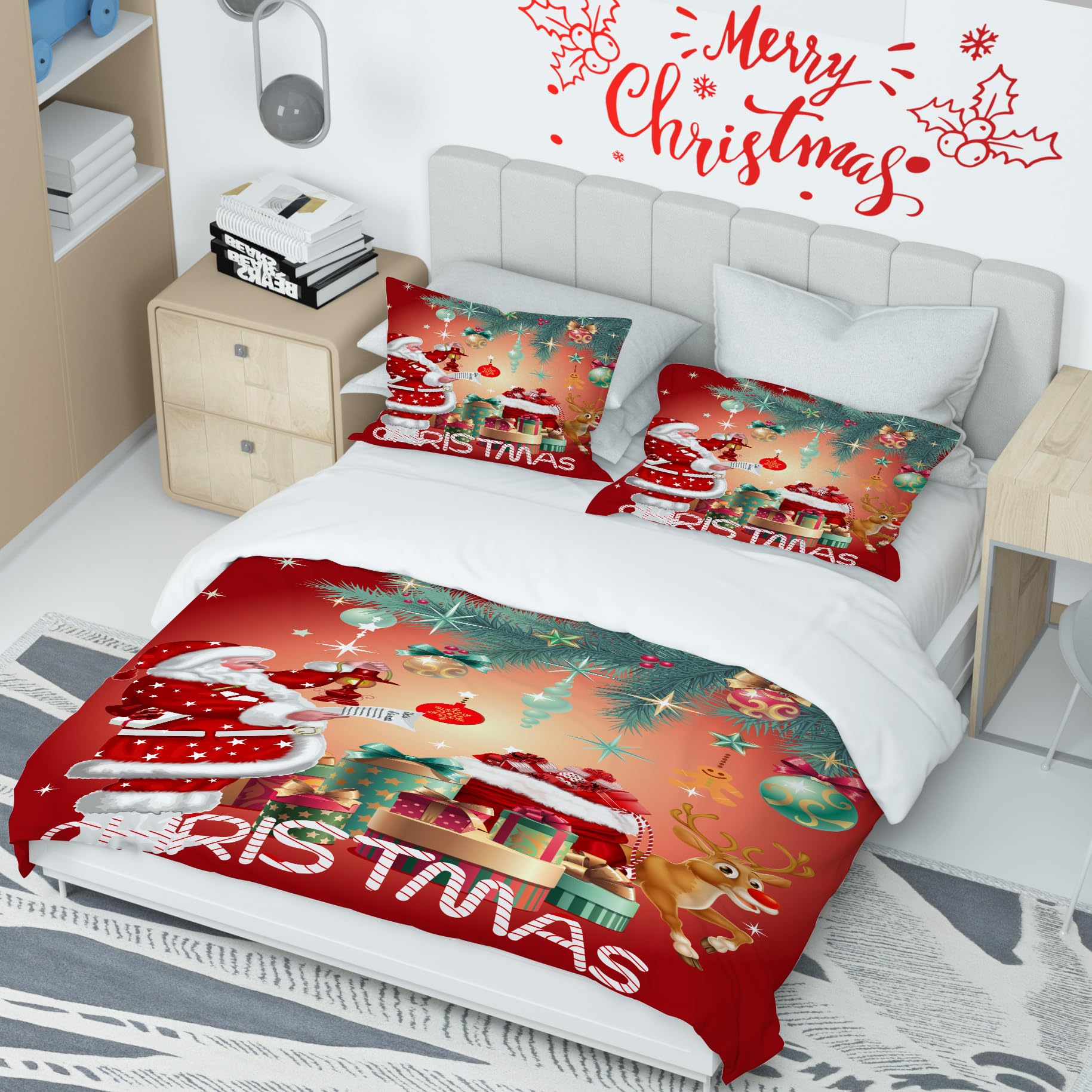 AVJWWD Set di biancheria da letto natalizia,Microfibra Copripiumino con Babbo Natale e alce motivo,decorazione natalizia, set regalo per ragazzi e ragazze (Regalo di Natale, 220 x 240 cm)