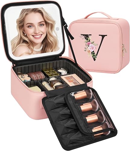 Relavel Initial Makeup Bag with LED Mirror for Women, Personalized Travel Cosmetic Organizer Train Case, Christmas Gifts for Teens Girls Grandkids Graduation Teacher Friends, Trendy Stuff, Pink V