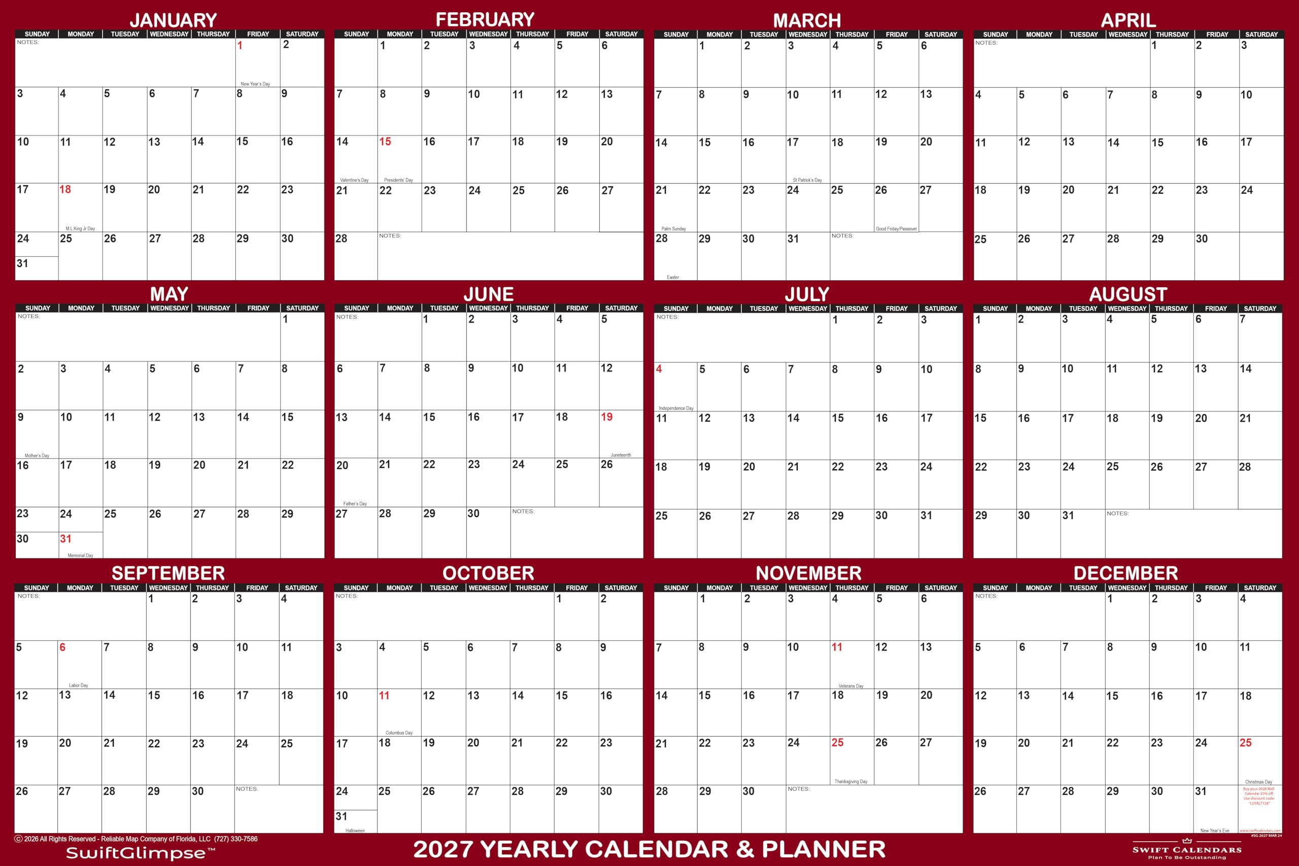 SwiftGlimpse - Calendario da parete cancellabile 2027, 81,3 x 121,9 cm, cancellabile a secco e a umido, laminato, 12 mesi, annuale, reversibile, orizzontale/verticale, marrone (confezione da 1)