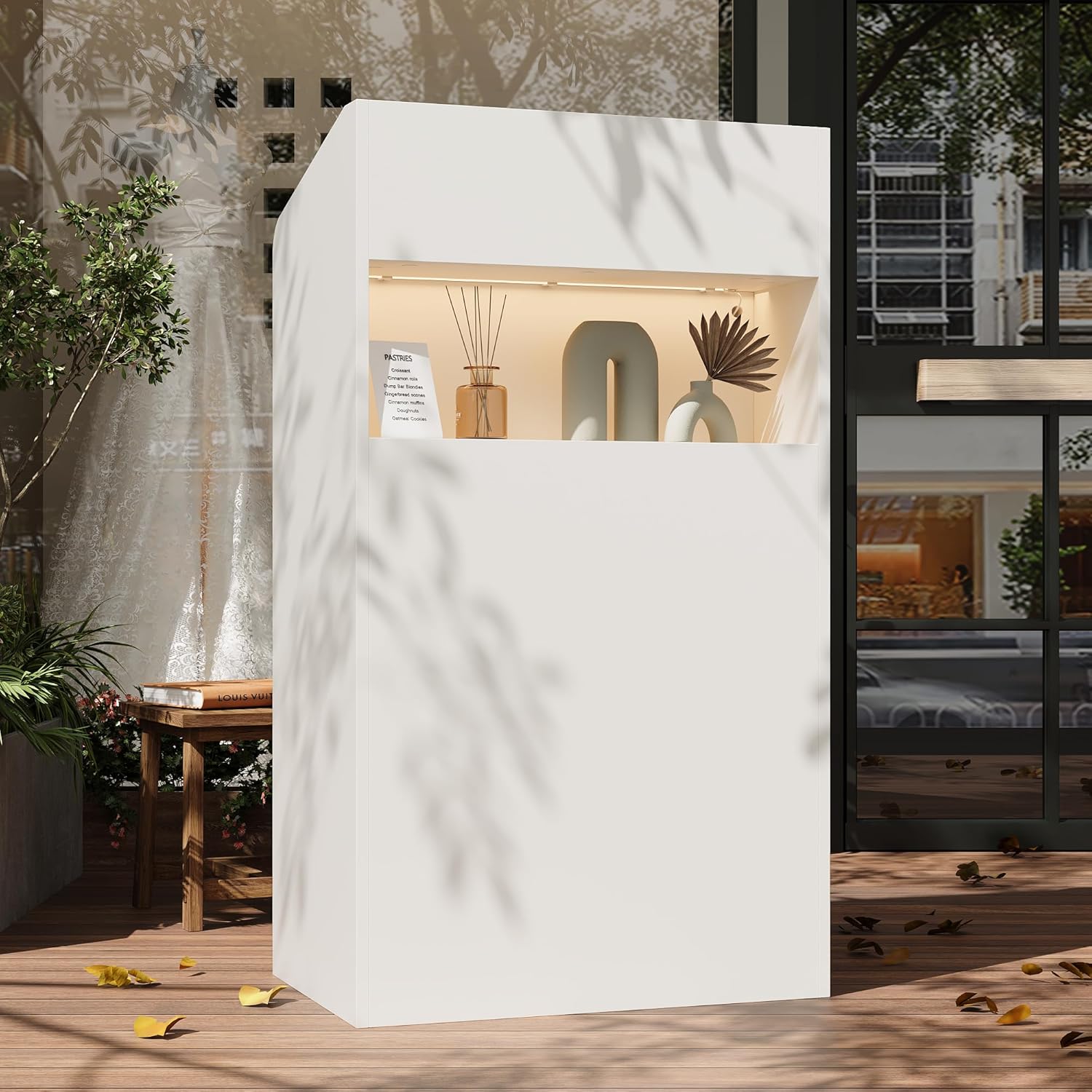 AIEGLE Small Reception Desk, Checkout Counter, Modern Front Office Desk, 23.2" W White Reception Table with 3-Color LED Lights, Cable Grommet & Storage Shelf for Salon Lobby Shop