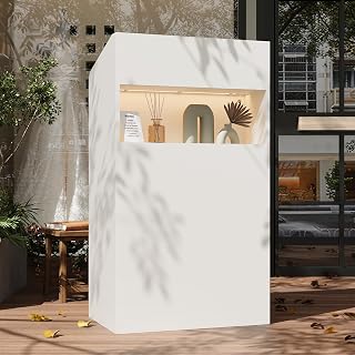 AIEGLE Small Reception Desk, Checkout Counter, Modern Front Office Desk, 23.2" W White Reception Table with 3-Color LED Lights, Cable Grommet & Storage Shelf for Salon Lobby Shop