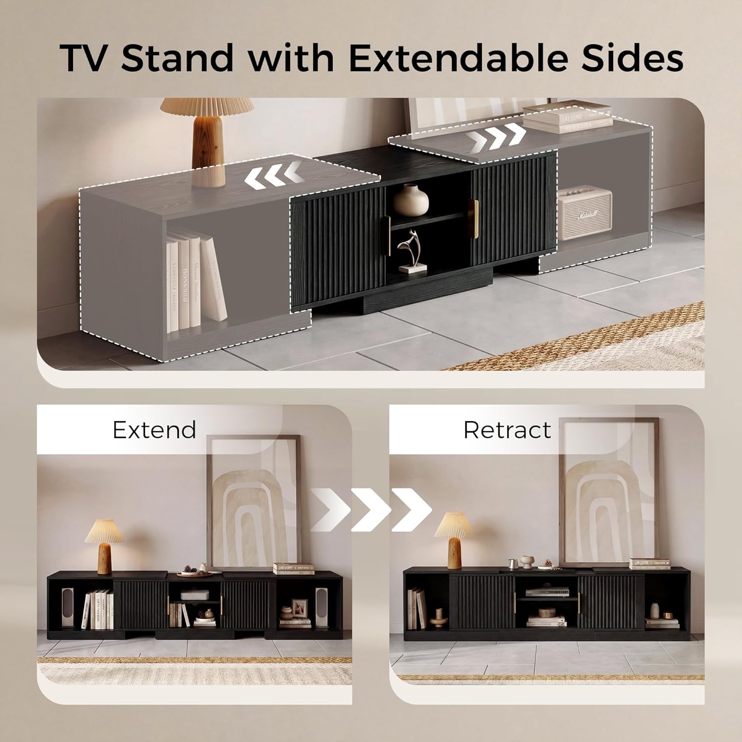 IRONCK TV Stand for 55-80 Inches TVs, 63"-84.6" Adjustable Length, Extendable Corner Entertainment Center with Storage Cabinets, Fluted Doors Modern Media Console, Ideal for Living Room, Black 5 81bfnDZ7RQL. AC SL1500