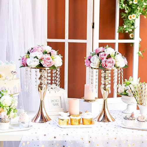 Miniatura 2 de Sziqiqi - Centro de mesa elevado con flores de color dorado y cuentas de cristal colgando para eventos, fiestas, bodas, recepciones, arreglos