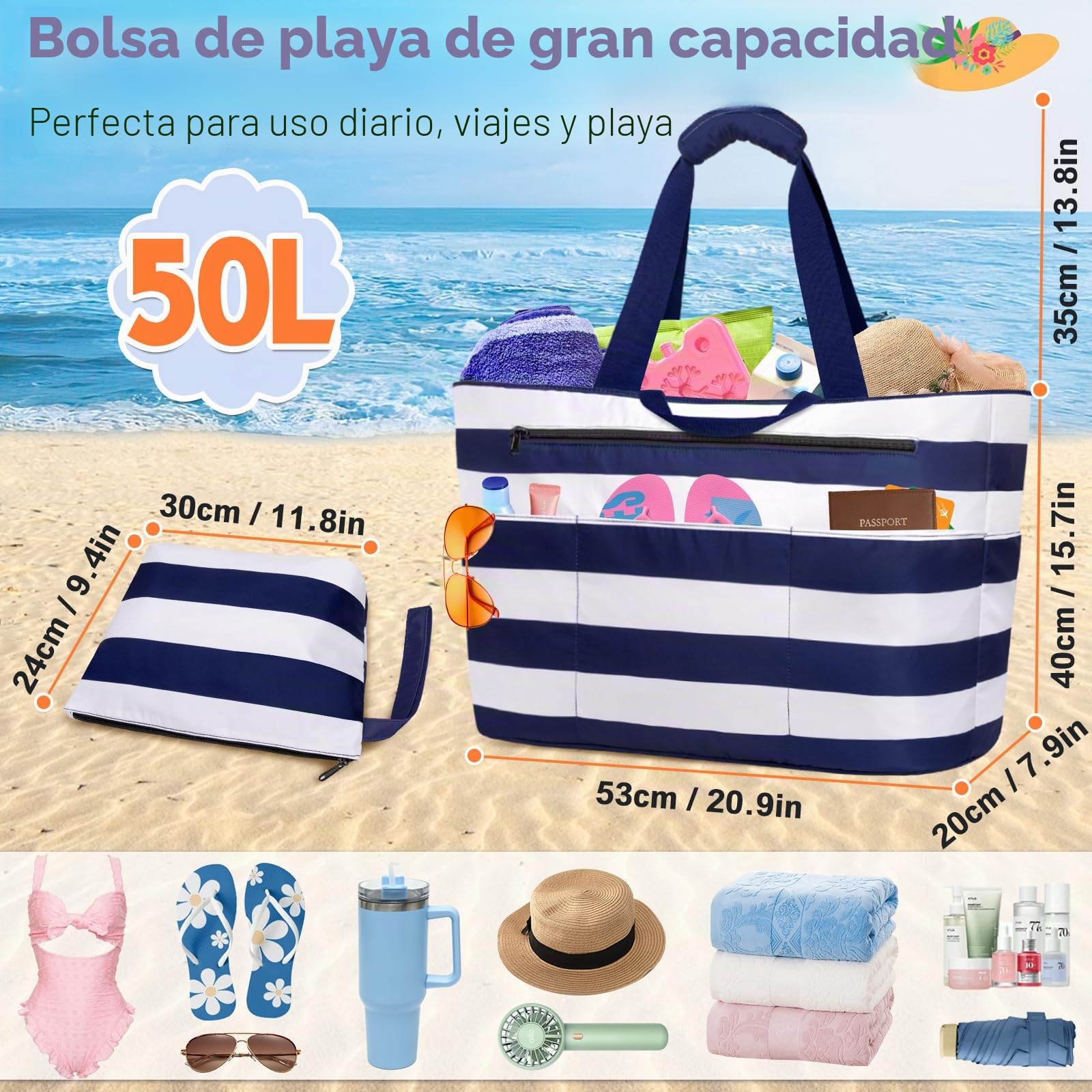 Bolsa de Playa Grande XXL con Cremallera Bolso Playa Familiar 50L Impermeable Bolso de Viaje Mujer Plegable Beach Tote Bag con 14 Bolsillos Shopper para Piscina Picnic Gimnasio (Azul Rayas)