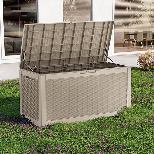 Vista 103 de EasyUp Caja de almacenamiento para exteriores de 230 galones, impermeable, resistente a los rayos UV, con varilla hidráulica, estabilidad reforzada