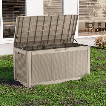 PatioZen 120 Gallon Resin Deck Box, Lockable Patio Outdoor Storage Box for Furniture, Garden Tools and Tools Storage, Waterproof Outside Storage Box Grey