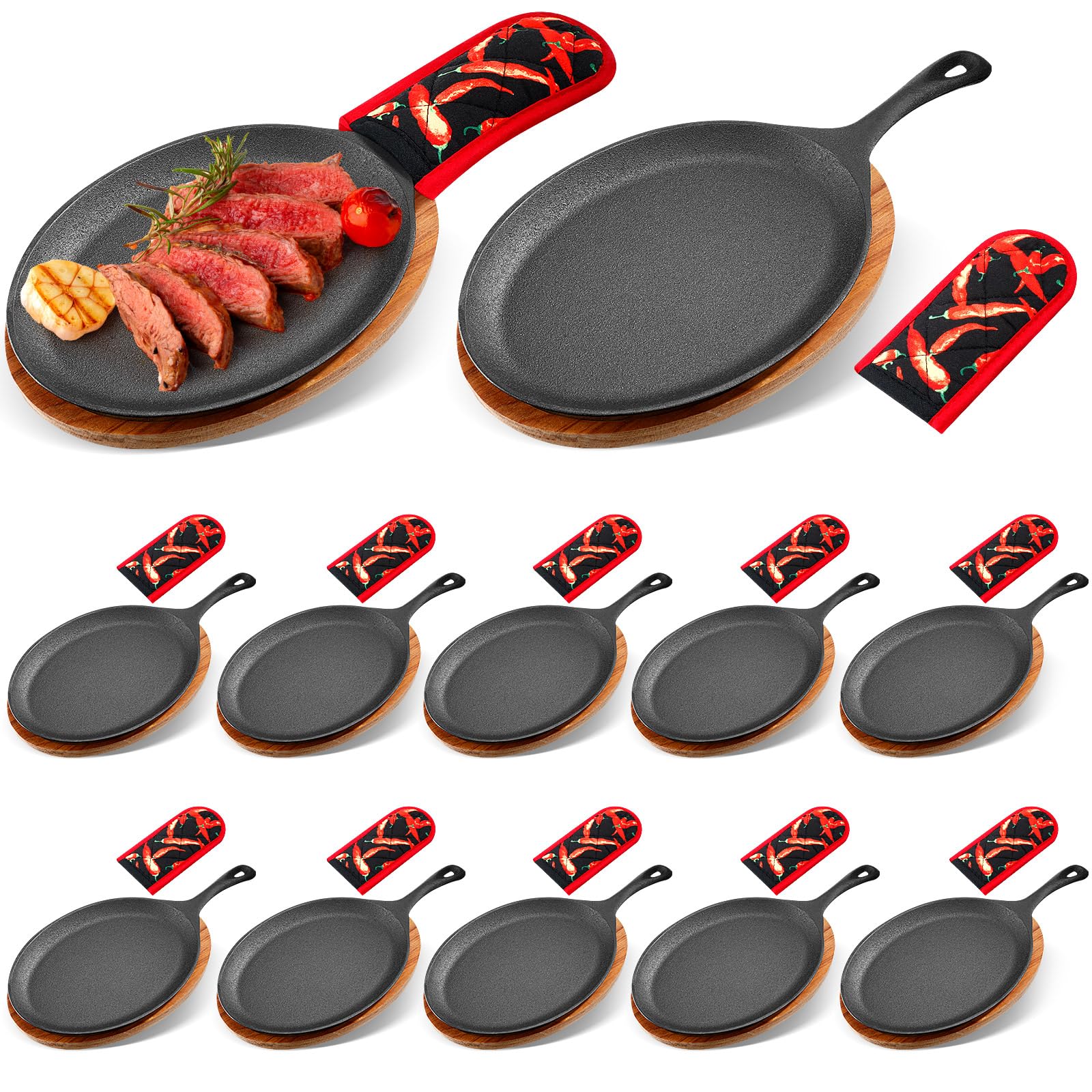 Lallisa Cast Iron Fajita Skillet, Wooden Tray, Protective Mitt, 12 Sets