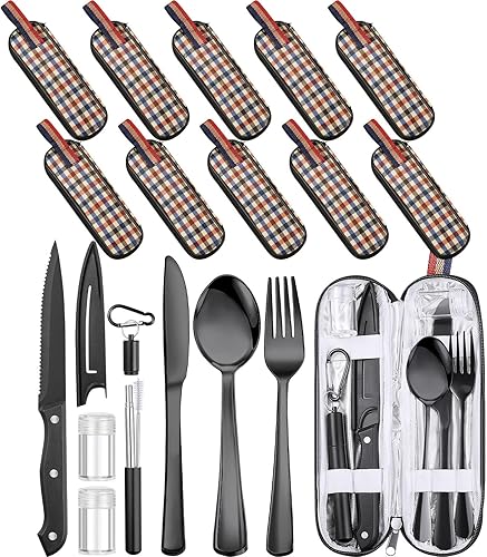Suclain Juego de 10 utensilios portátiles de viaje con estuche, juego de cubiertos de acero inoxidable reutilizables a granel para camping, viajes,