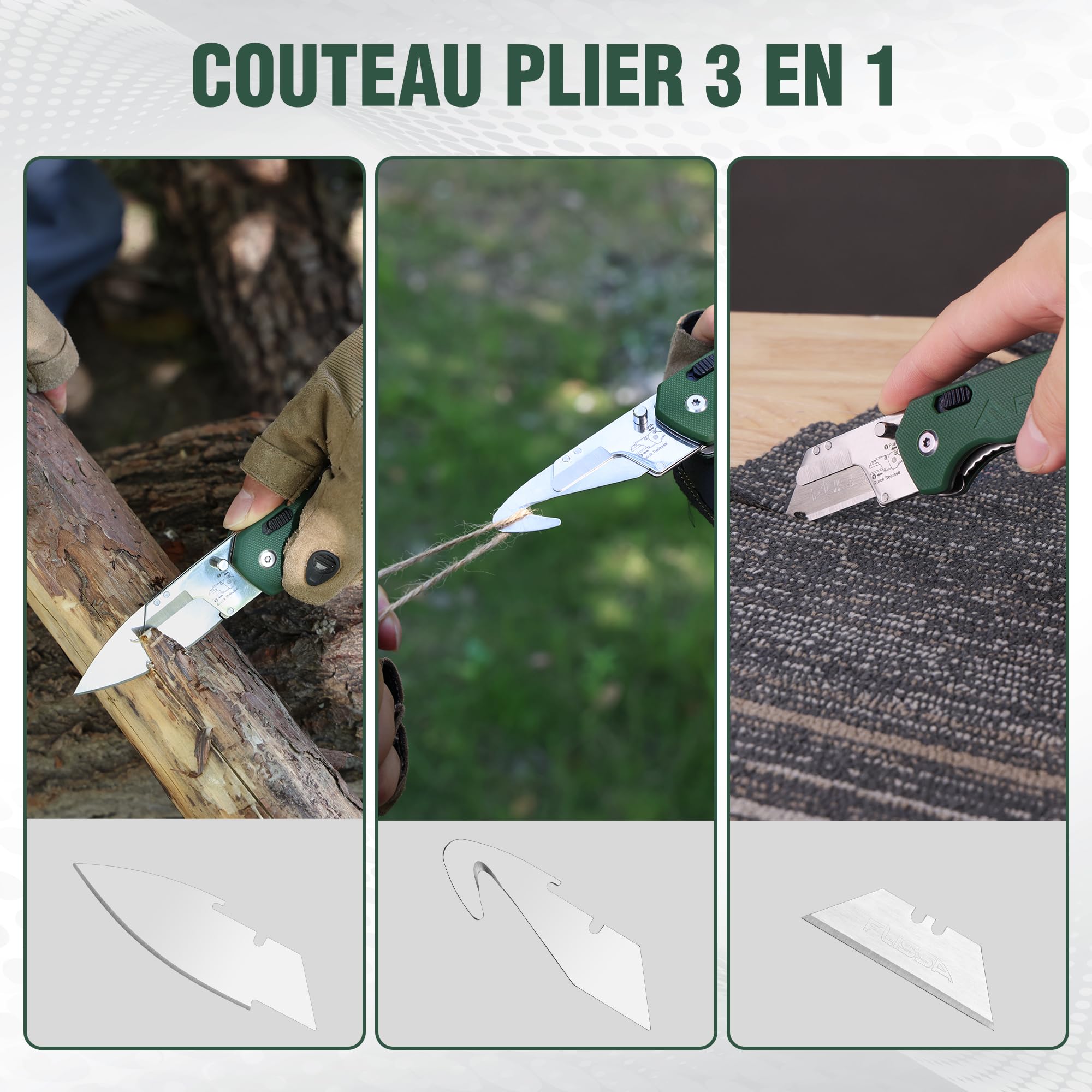 FLISSA Couteau de Poche 3 en 1 avec Manche G10, Clip Ceinture et Lames Interchangeables, Système de Verrouillage Sécurisé, Couteau Pliant Multifonction pour Usage Quotidien et Extérieur