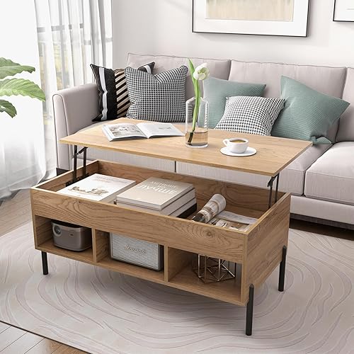 Miniatura 10 de Giantex Mesa auxiliar elevable, mesa rectangular de madera con compartimento oculto y estantes de almacenamiento abiertos, mesa central moderna