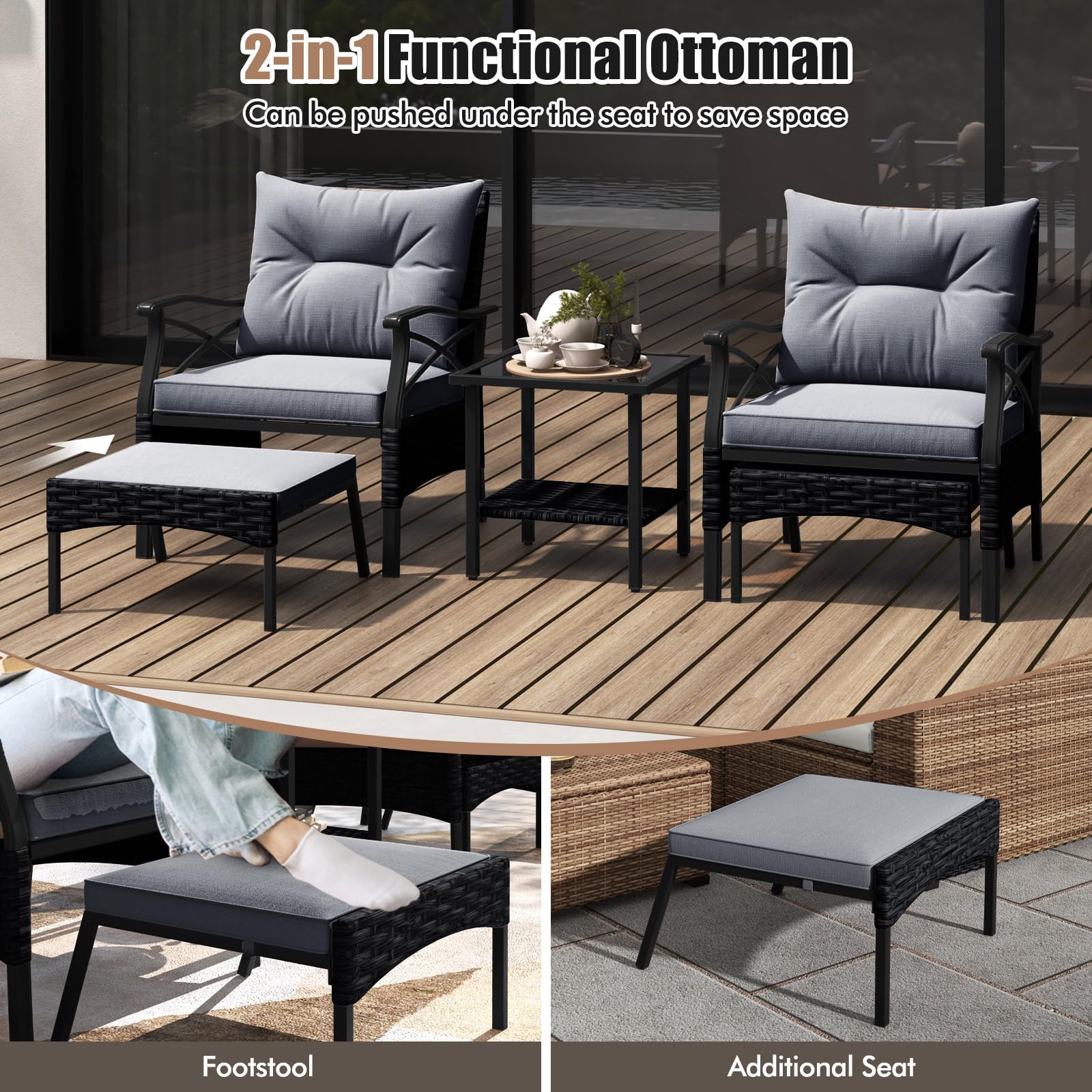 LIFEZEAL Salón de jardín exterior de ratán PE, juego de jardín exterior, 5 piezas, 2 sillones con cojines y 2 reposapiés, mesa de cristal con un estante, sillones, para terraza y patio (gris)