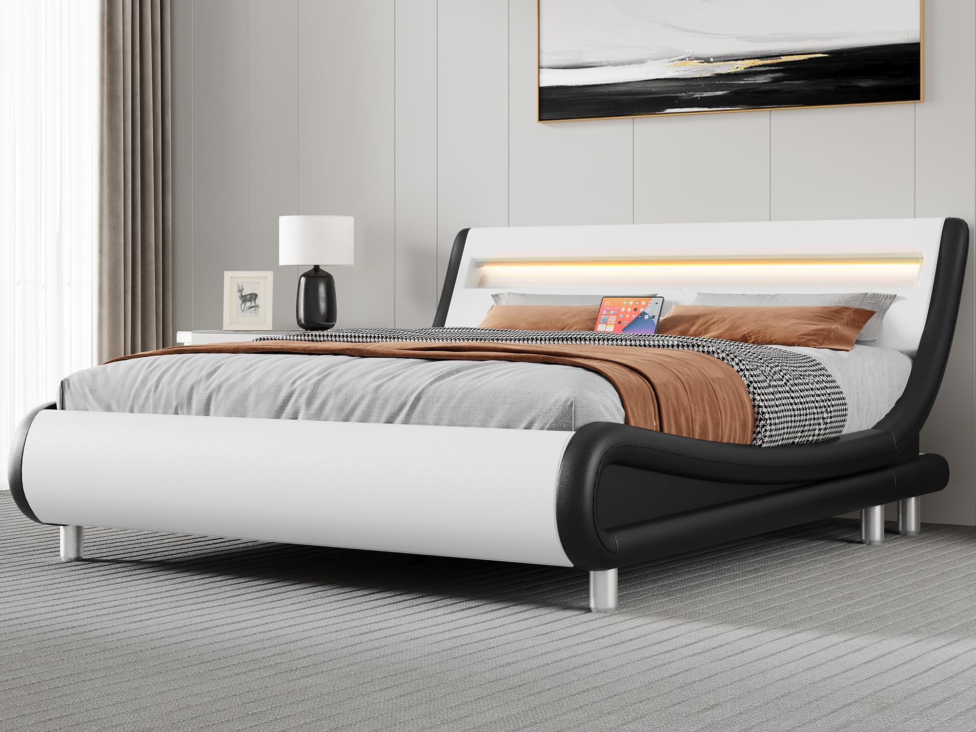 YITAHOME King Bed Frame,Upholstered Led Bed Frame with Lights & Storage Charging Station,Platform Bed Frame with Pu Leather/No Box Spring Needed,White and Obsidian Black