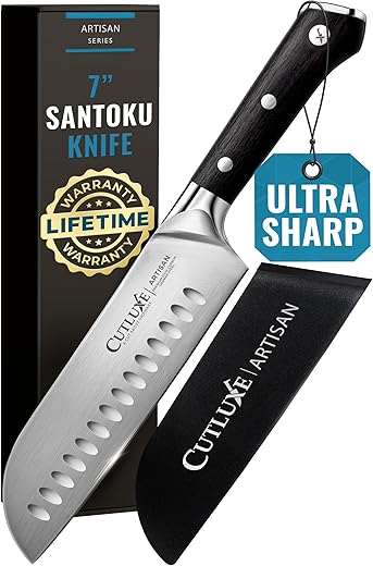 Cutluxe Santoku Knife – 7" Chopping Knife, Vegetable Knife – Forged High Carbon German Steel – Sheath Included – Full Tang & Razor Sharp – Ergonomic Handle Design – Artisan Series