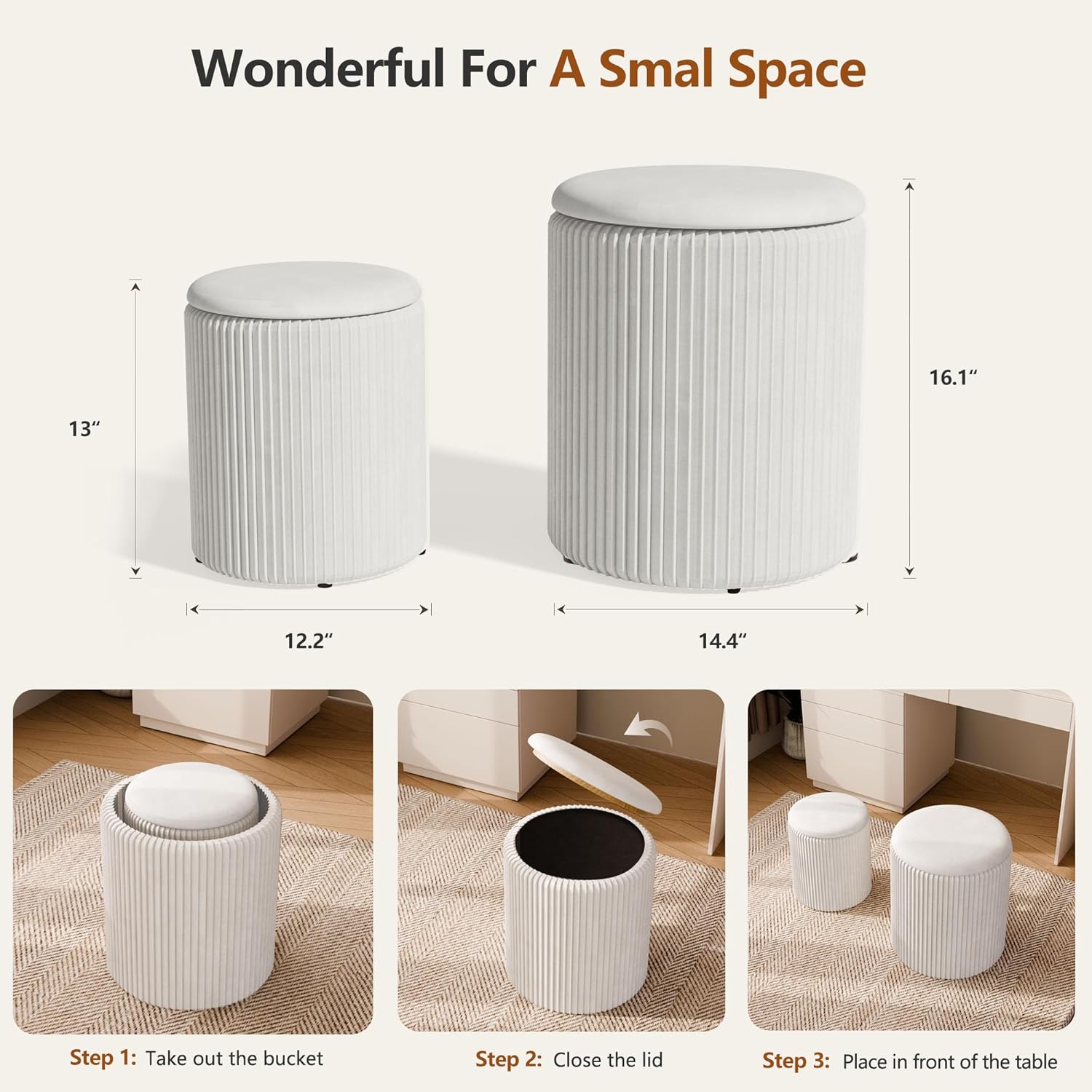 ottoman with storage set of 2, velvet round storage ottoman, upholstered sponge vanity stool support 300lbs, multifunctional coffee table foot rest ottoman for living room bedroom, white