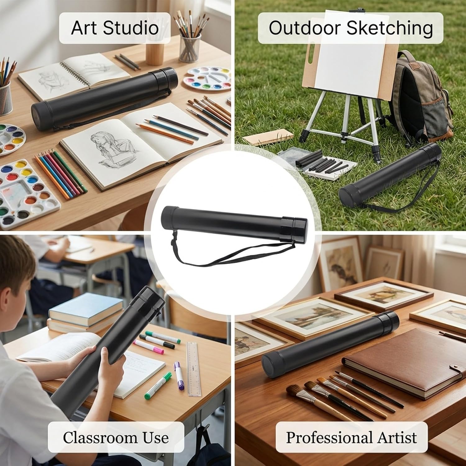 Drawing Storage Tube Black Telescopic Adjustable PE Plastic 51.5-86.5cm Length, 8.8cm Diameter - Waterproof Protection Blueprint Tube for Posters, Blueprints, Artworks