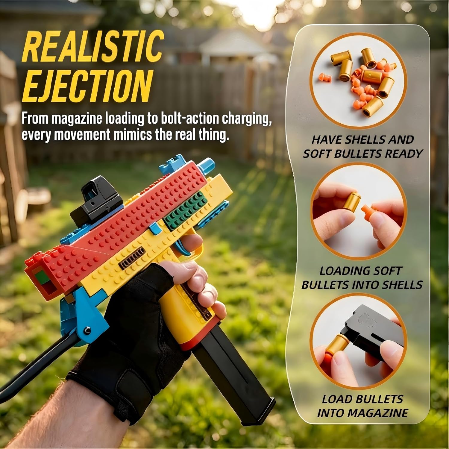 Building Block Shooting Toy Gun with Cartridge Ejection, DIY Assembly, Compatible with Most Blocks Systems, Sight Accessory & Foldable Handle, Ideal for Play & Tabletop Model Decoration
