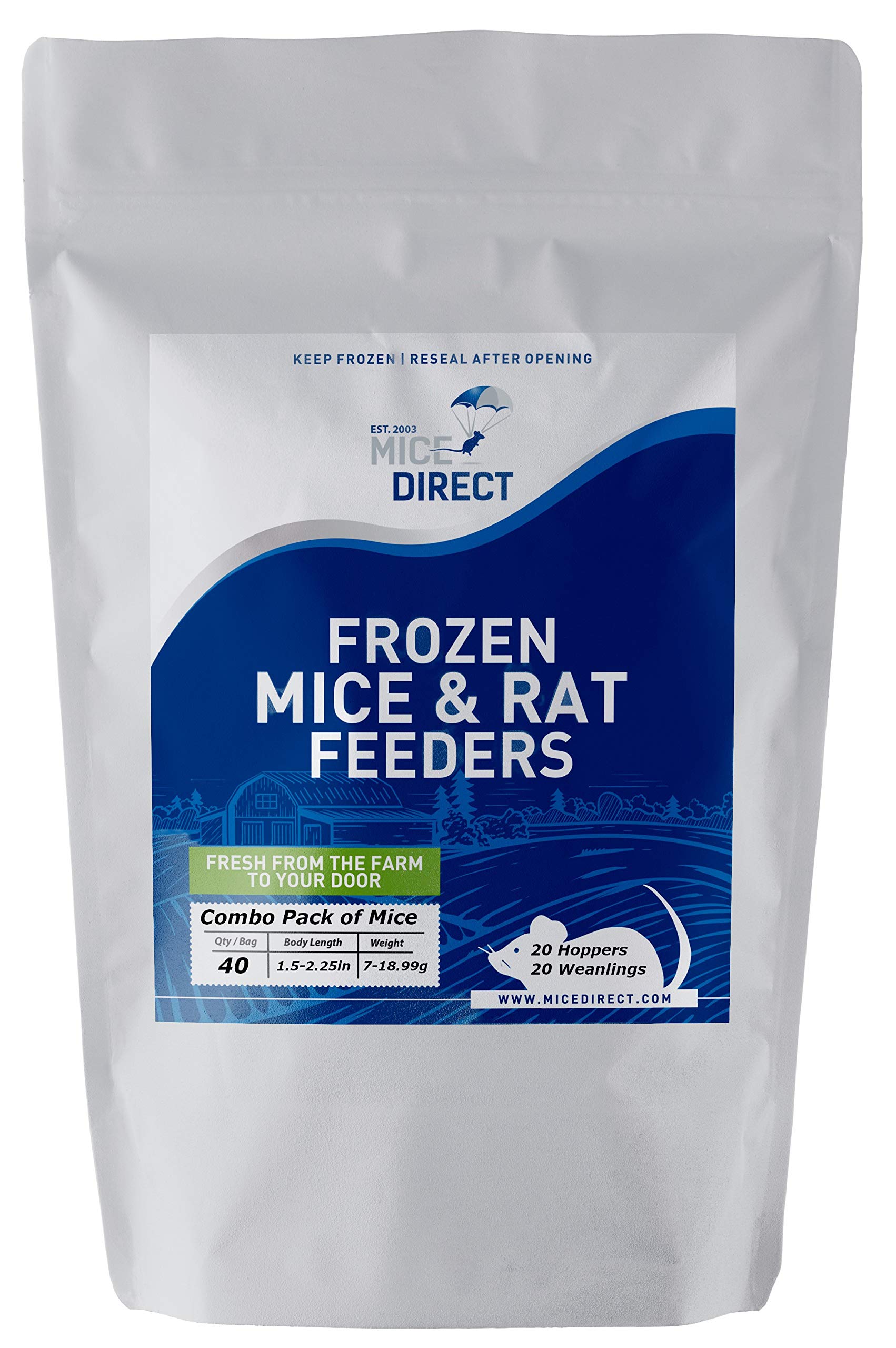 MiceDirect 40 Frozen Mice Combo Pack of 20 Hoppers and 20 Weanling Feeders Snake Food for Mice for Juvenile Ball Python Adult Milk Corn Snakes (1.5-2.5 in)(Pack of 40)(400 Grams Min)