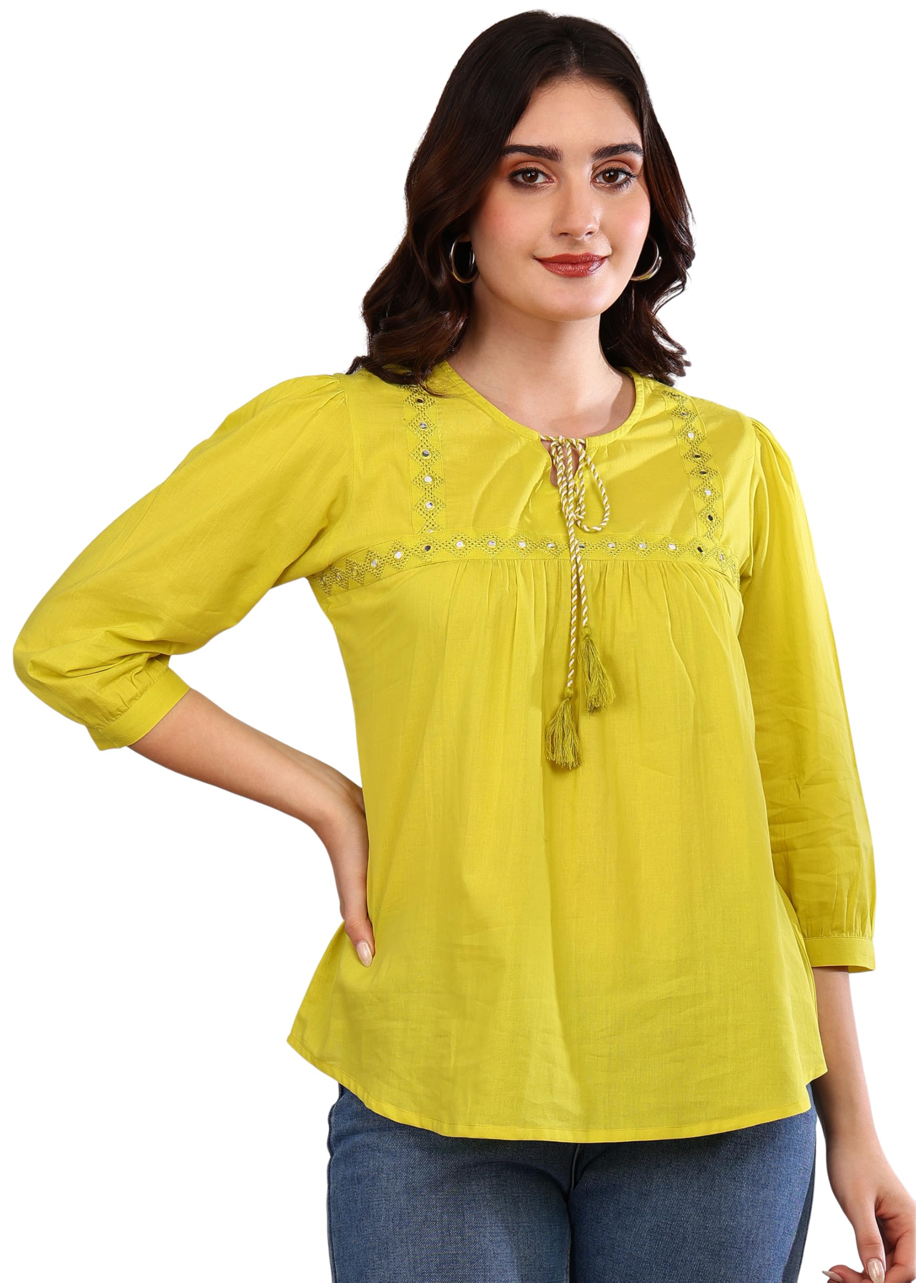 akiko Women's Cotton Embroidered Regular 3/4 Sleeves Keyhole Neck Straight Top for Women (Blue)-picture-45