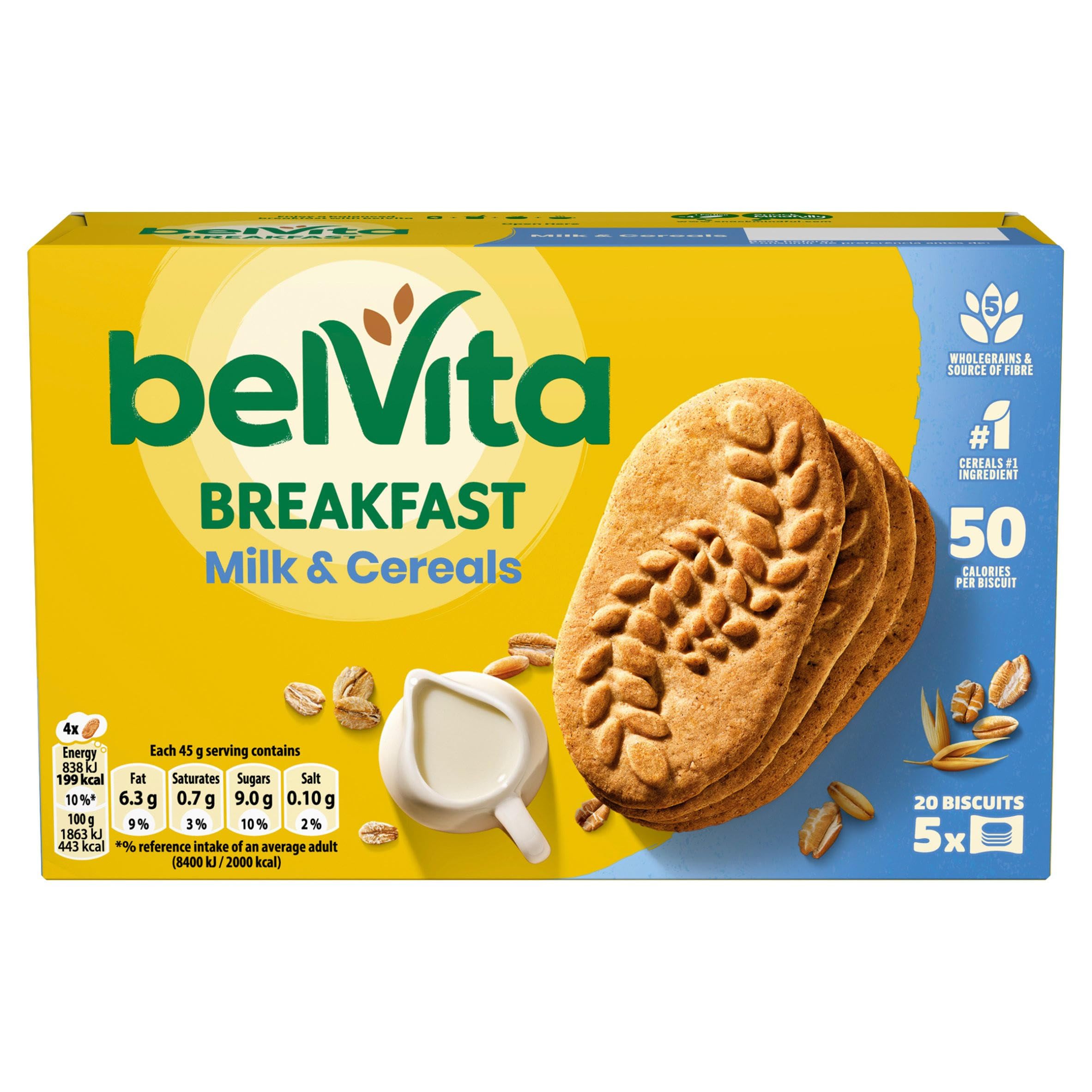 Belvita Milk & Cereal Biscuit Snack Bars, Breakfast Biscuits, Nutritious and Made With 5 Wholegrains, Multipack 125 g (5 x 45 g)