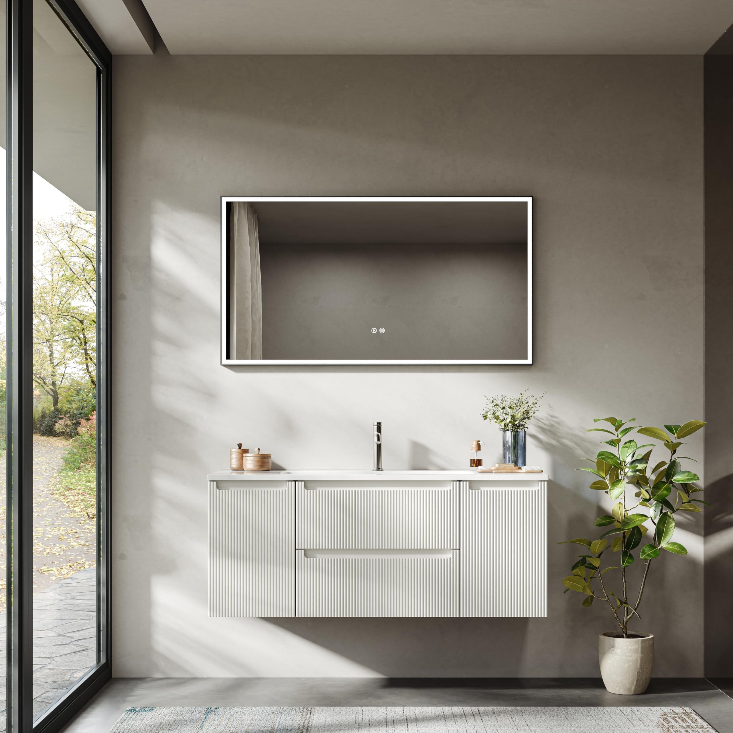 Mobile lavabo sospeso 120 cm con lavabo in resina minerale, 2 cassetti e 2 ante, ultrasottile con chiusura ammortizzata, frontale scanalato, per bagno grande, Bianco Opaco