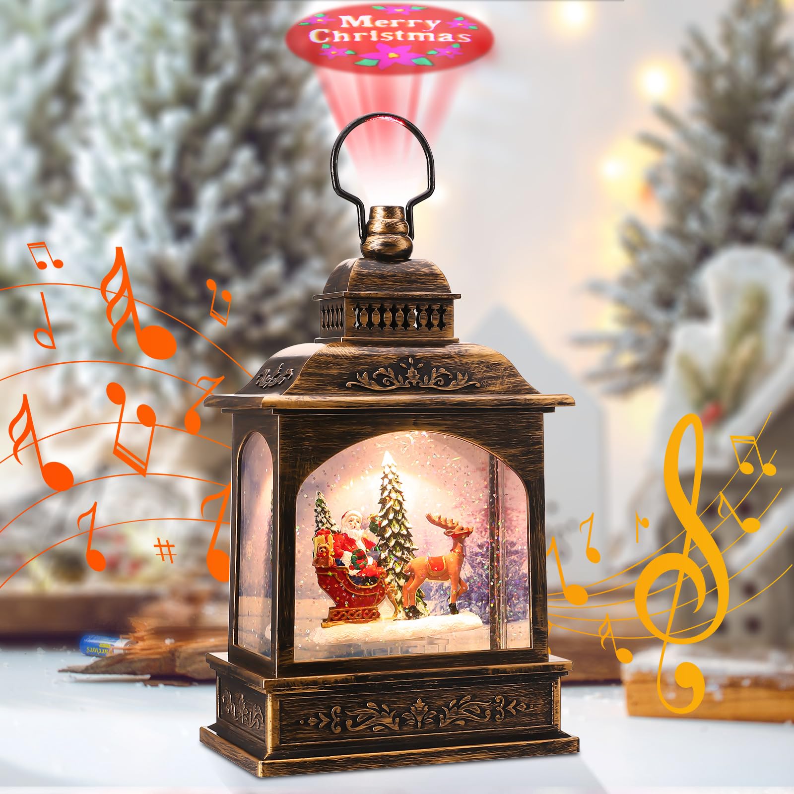 Coikes Lanterne de Noël Boule à Neige Musicale LED avec Saillie et Christmas Songs - Décoration Intérieure - Prise USB ou Alimenté par Pile