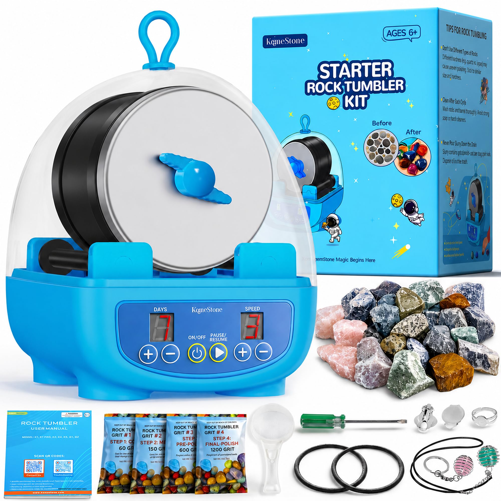 KomeStone K5 Rock Tumbler for Kids &amp; Adults, Quiet Rock Polisher, Ages 6+