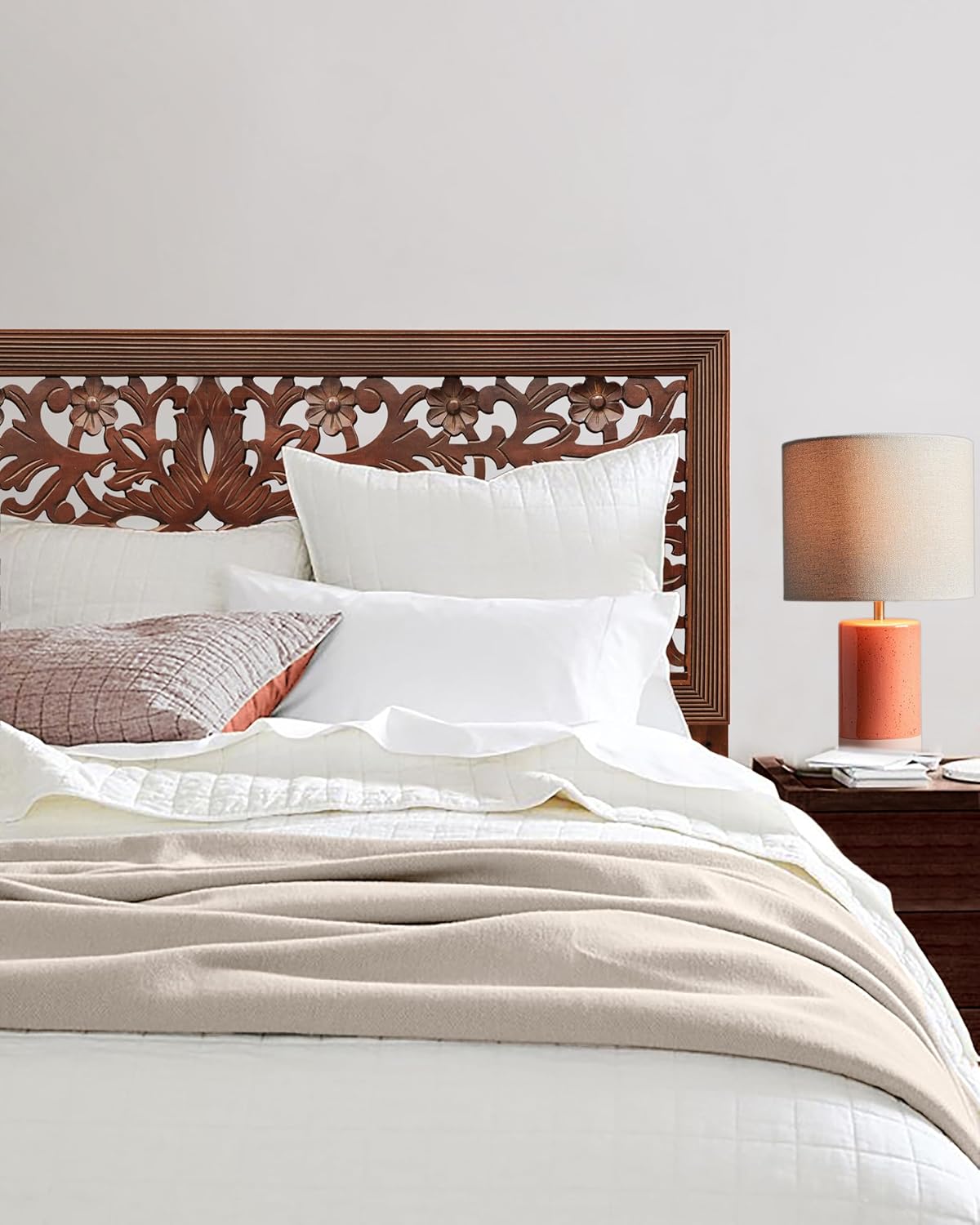 COTTON CRAFT Solid Wood Sturdy Queen Headboard - Compatible with All Bed Frame - Intricate Hand Carved Rajasthan Motif - Bohemian Transitional - Beautiful for Any Bedroom - Rustic Antique Brown