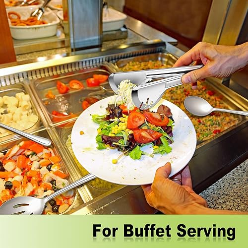 Miniatura 3 de E-far Utensilios de servir, 6 piezas de cuchara de servir de acero inoxidable, cuchara ranurada, tenedor, pinzas, servidor de pasteles y cuchillo de