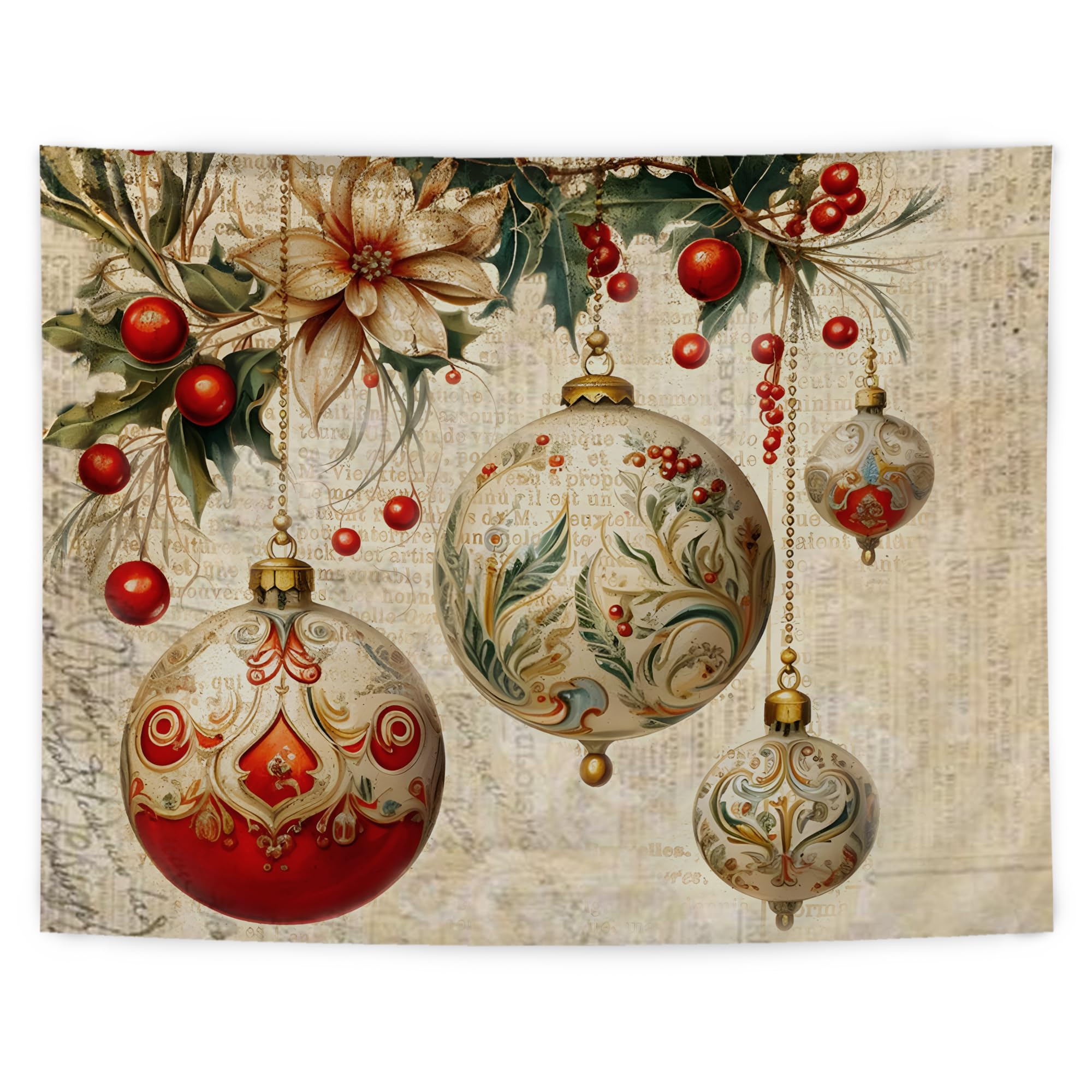 LUVADIAN Christmas Tapestry, Vintage Christmas Ornaments Tapestry Wall Hanging, Retro Christmas Poinsettia Holly Berry Wall Art Blanket for Home