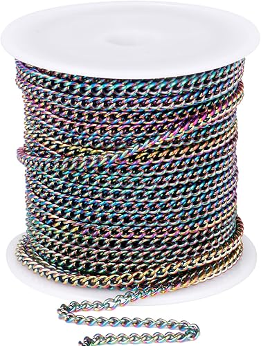 Rollo de cadenas de bordillo coloridas de acero inoxidable de 33 pies, 2mm (0.079 in) acero inoxidable 304, eslabones trenzados planos multicolores,