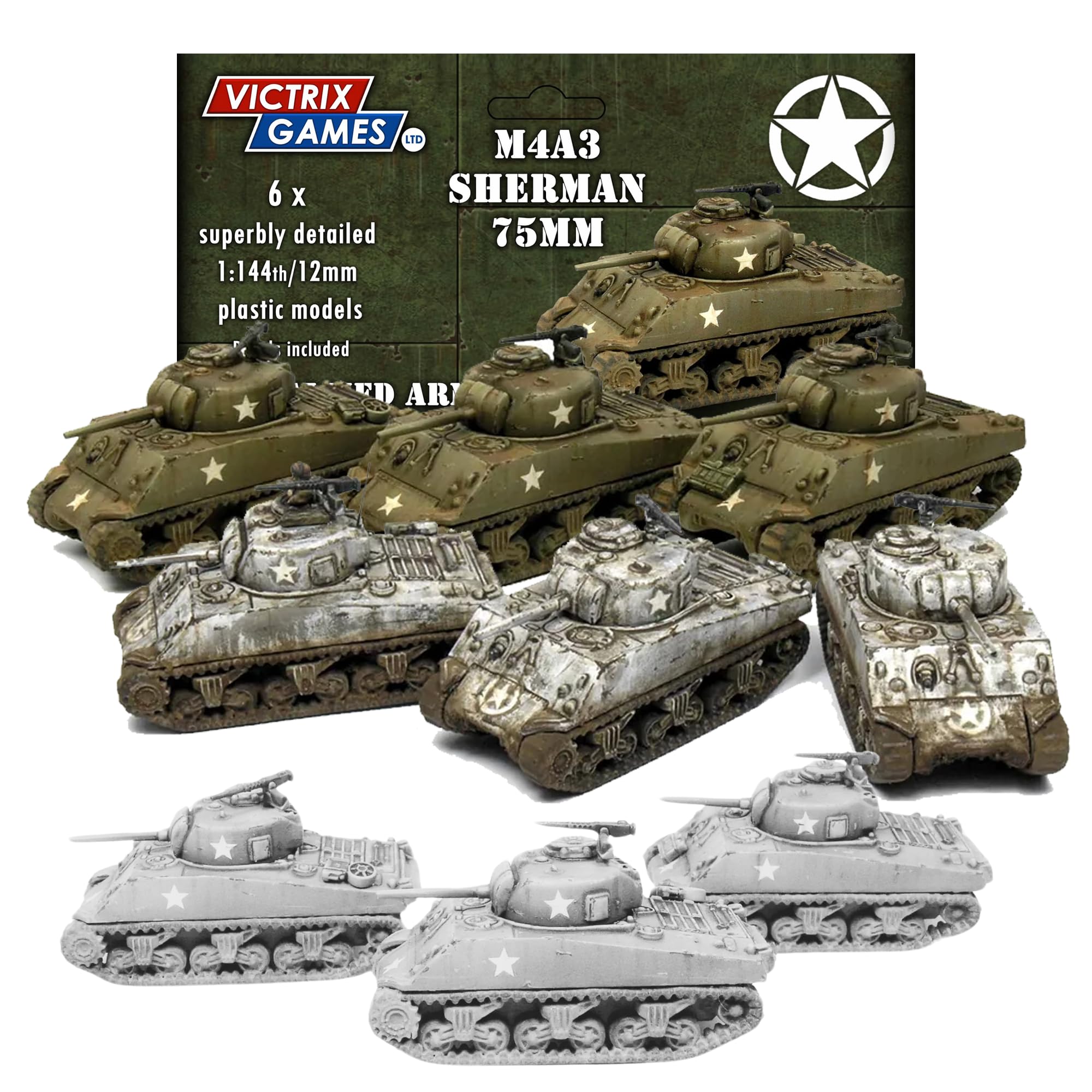 Wargames Delivered - Victrix Sherman M4A3 75mm Tank Set with Bonus Miniature STL Download - 6 Highly Detailed 12mm/1:144 Scale WWII Miniatures - Durable Plastic Action Figure Kit for Wargaming