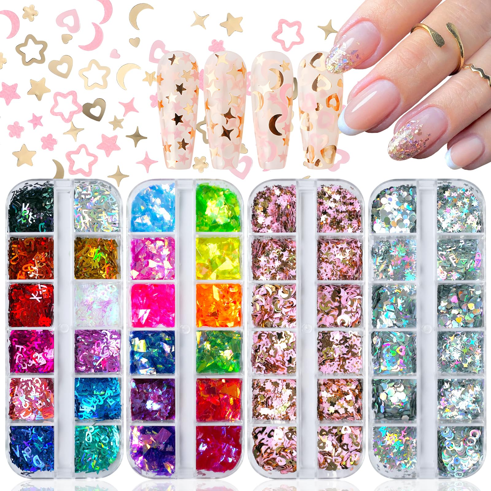 4 Box Nail Glitter for Press on Nails DIY Supplies, Chunky Glitter Acrylic Powder Nails Fine Glitter for Fake Nails Decor, Nail Art Foil Holographic Glitter Shapes Star Flakes Nail Sequins-C