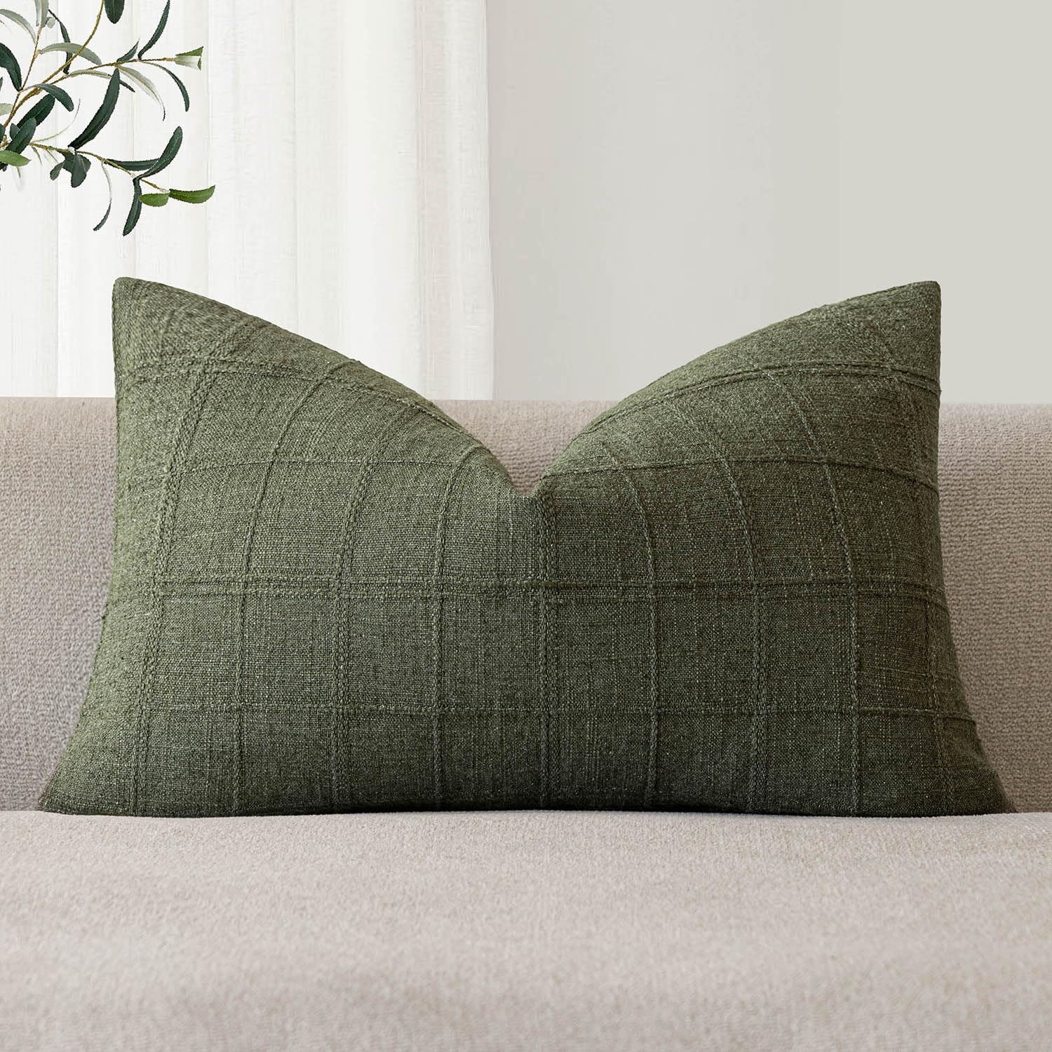 Foindtower Set of 1 Decorative Linen Check Throw Pillow Cover Neutral Farmhouse Lumbar Cushion Cover Modern Boho Home Decor for Sofa Chair Couch Bedroom Living Room,12×20 Inch,Olive Green