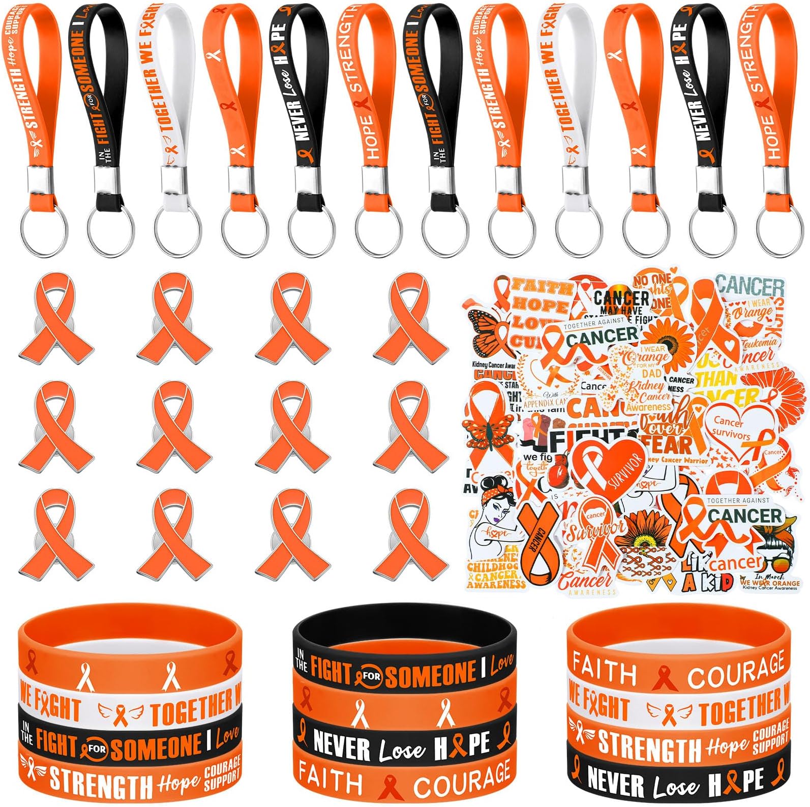 Hotop 86 Ribbons Awareness Accessories Include 12 Silicone Bracelets 12 Silicone KeyChain 12 Badges Pins 50 Vinyl Stickers for Animal Abuse Alzheimer's Pancreatic Cancer Violence (Orange,Leukemia)