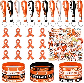 Hotop 86 Ribbons Awareness Accessories Include 12 Silicone Bracelets 12 Silicone KeyChain 12 Badges Pins 50 Vinyl Stickers for Animal Abuse Alzheimer's Pancreatic Cancer Violence (Orange,Leukemia)