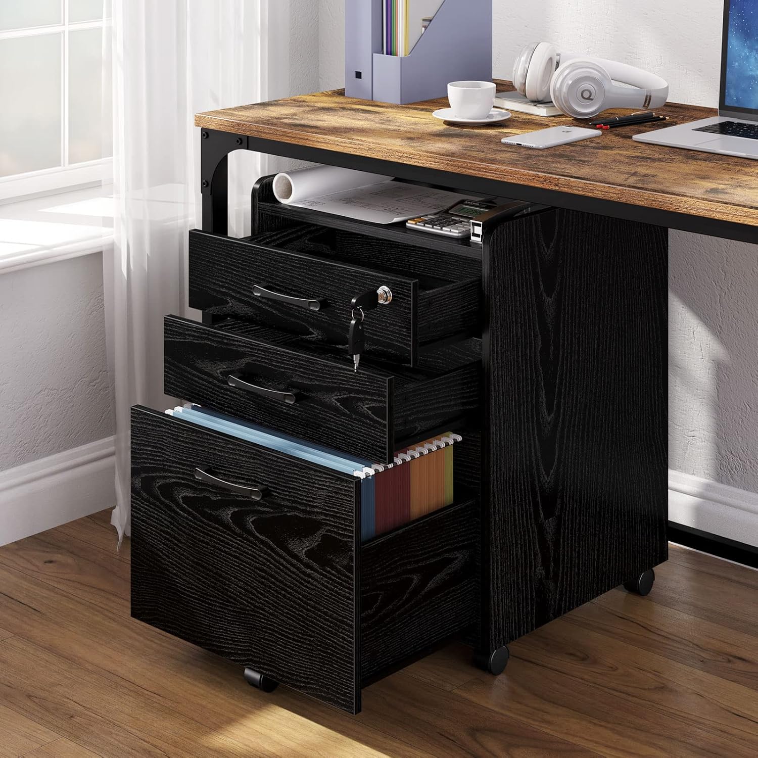 Rolanstar File Cabinet with 3 Drawer & 1 Lock, Rolling Mobile Filing Cabinet with Lip Edge, Office File Cabinet with Wheels for Letter/Legal Size Documents, Under Desk Black Vertical File Cabinet : Office Products