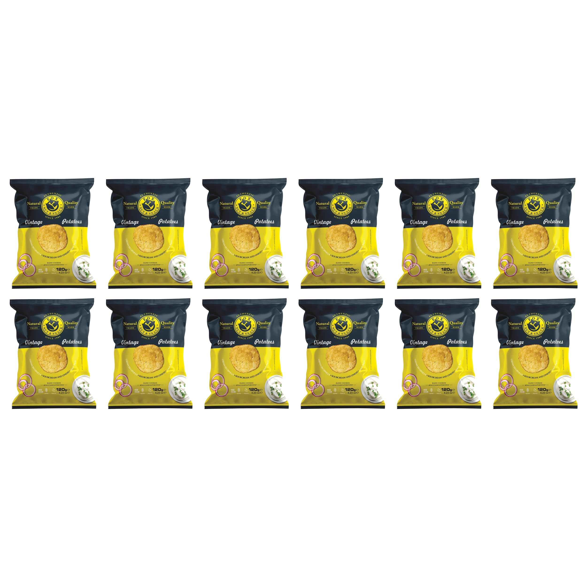 Fox Italia Vintage Kartoffelchips mit Sauerrahm und Zwiebel, glutenfrei und palmölfrei Italien inkl. FeinWert E-Book (12 x 120 g)