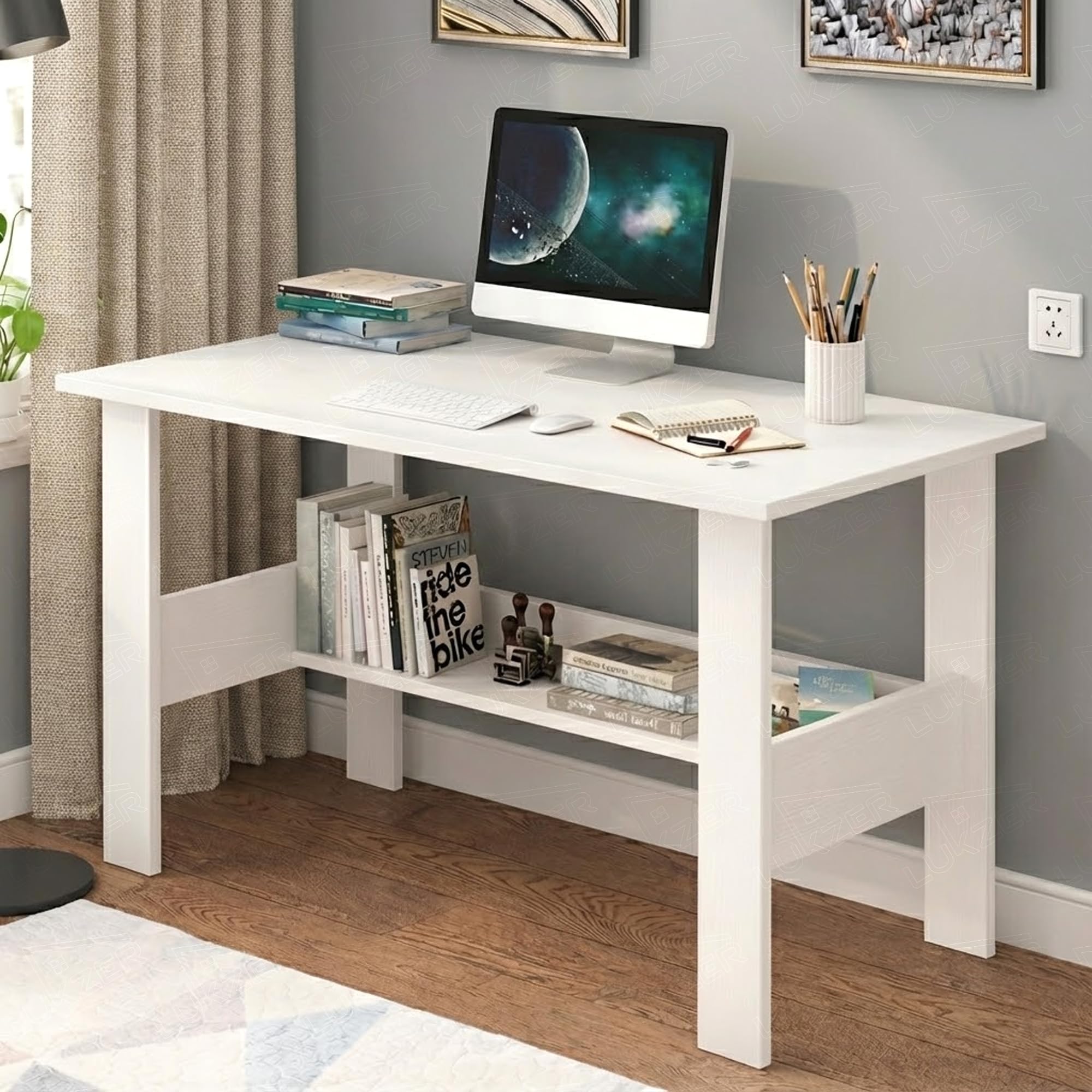 Lukzer Engineered Wood Computer Desk with One Tier Shelves Laptop Study Table for Office Home Workstation Writing Modern Desk (ST-005 / White / 110 x 55 x 77cm) - Stylish, Modern