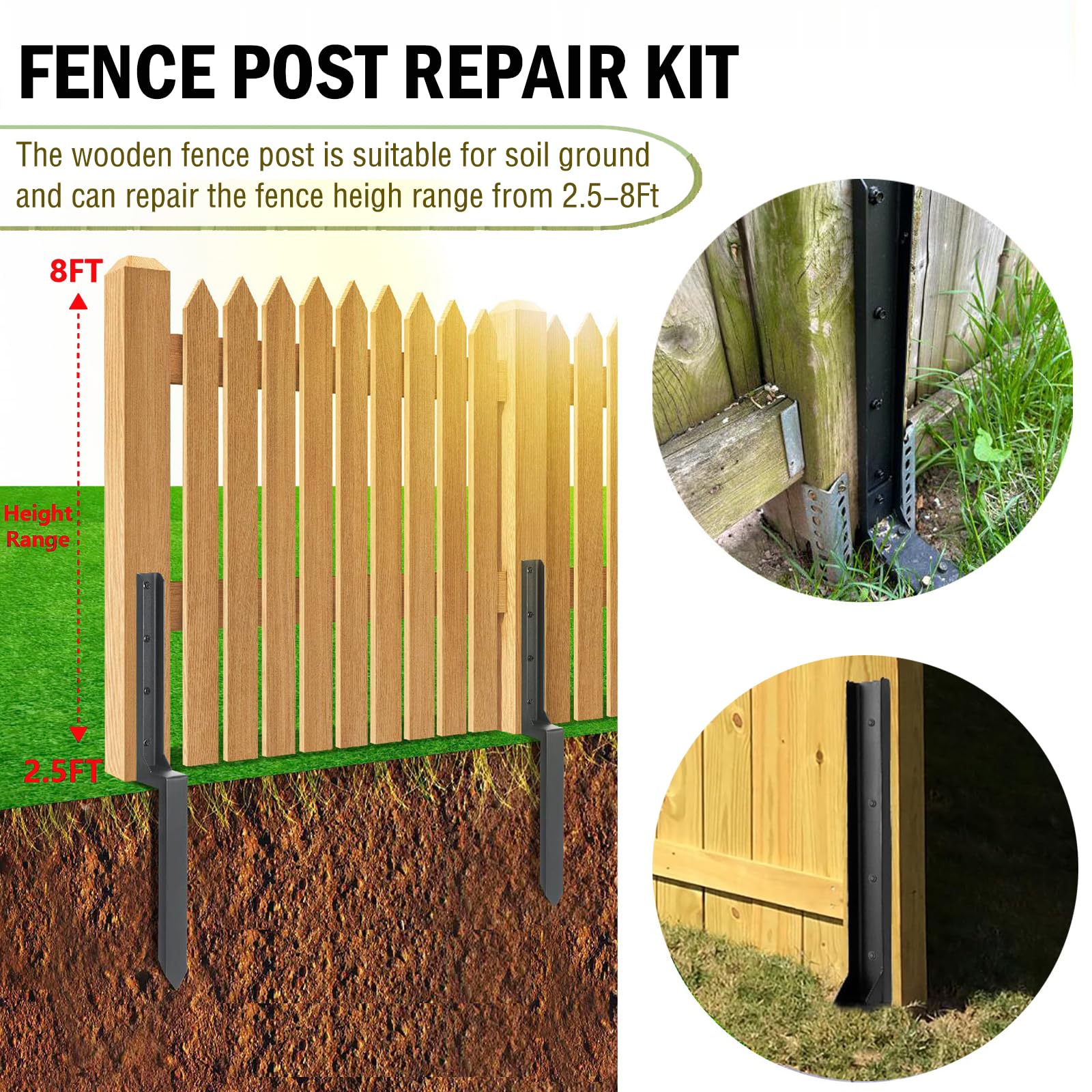 Anmas Power Heavy Duty Steel Fence Post Repair Stakes - 2 Pack Ground Spike for Tilted/Broken Wood Fence Post - Image 2