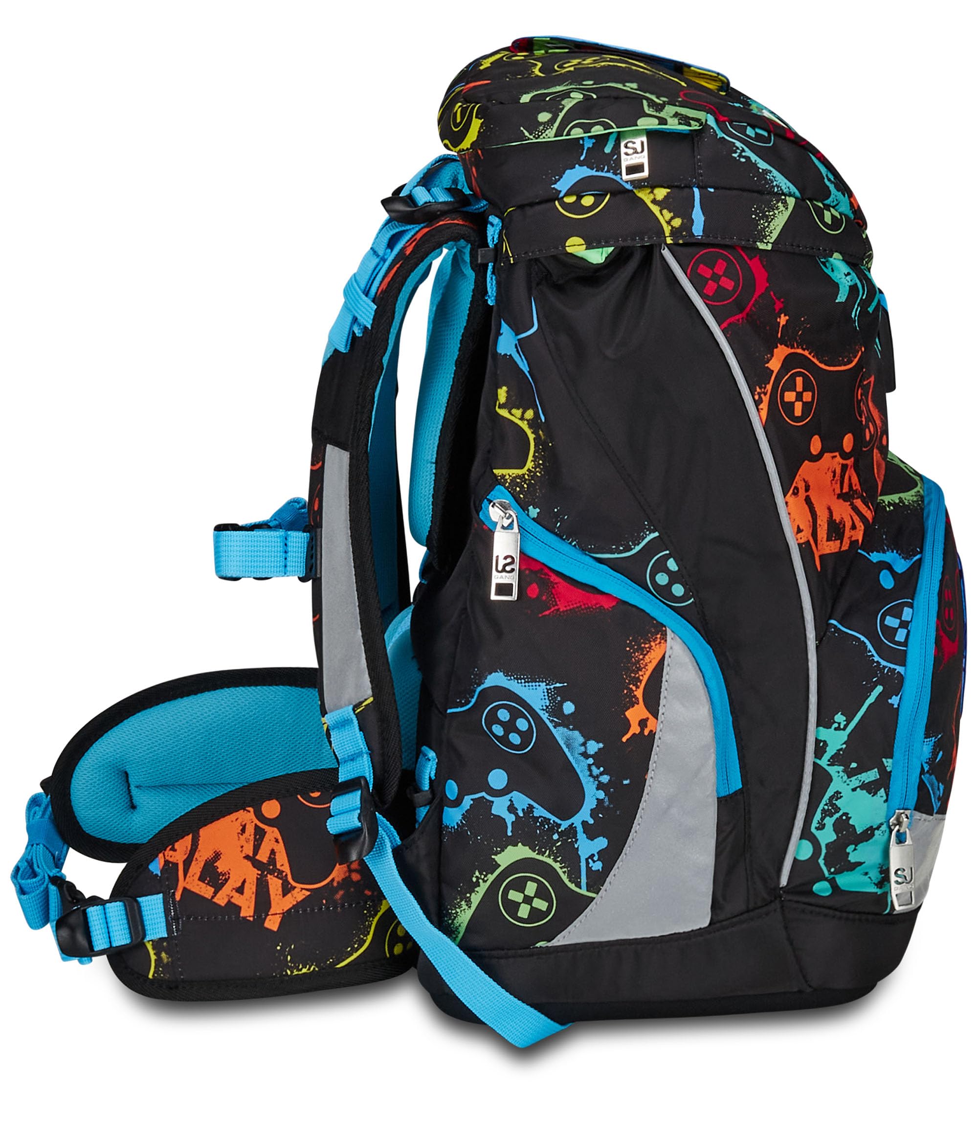 SJ GANG STYLE JAM GANG Zaino Scuola Updown Soft, Nero, Multicolor Game, Monoscomparto con Cinghia Vita Regolabile, Tasca Laterale Zip, Tasca in Rete Porta Borraccia, Elementari, Medie, Bambino Ragazzo
