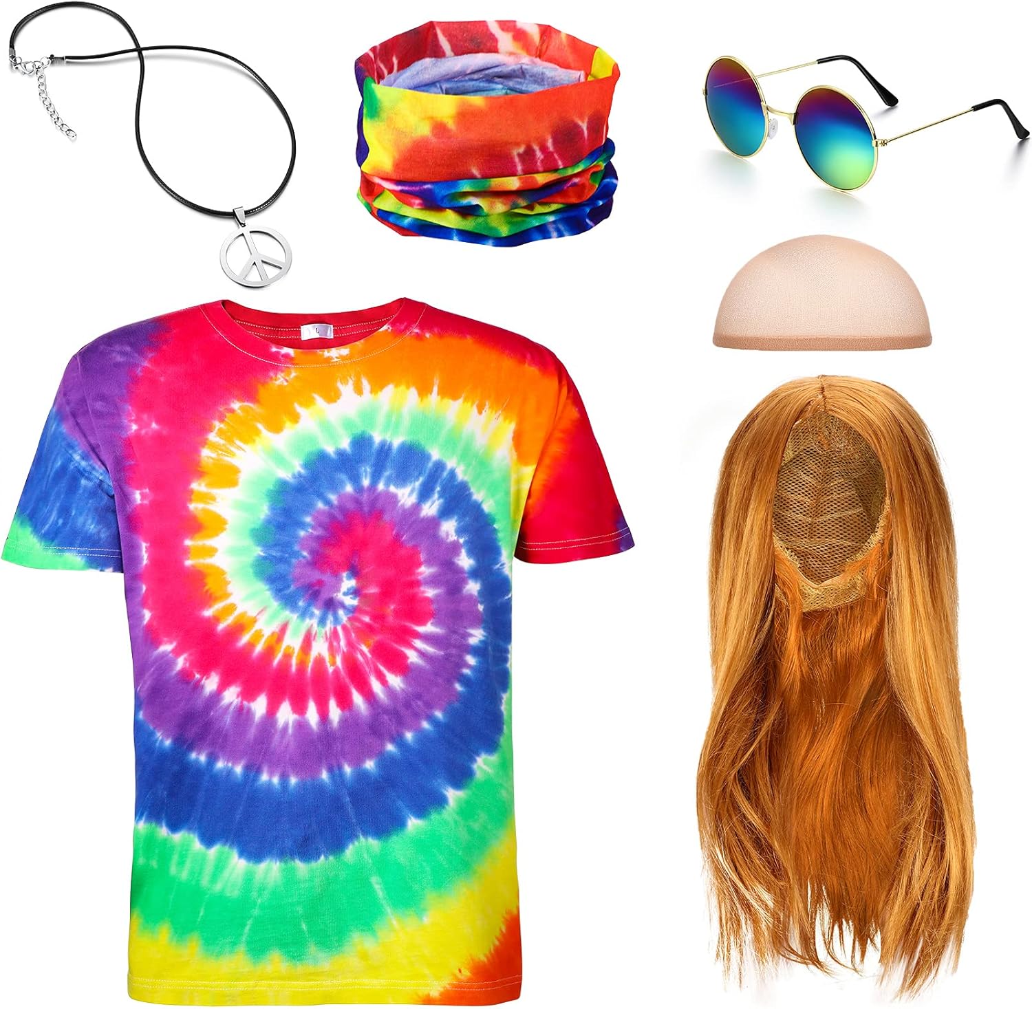 Hicarer 5 Pieces Hippie Costume Colorful Tie Dye T Shirt, Gold Brown Wig, Peace Sign Necklace, Headband, Sunglasses