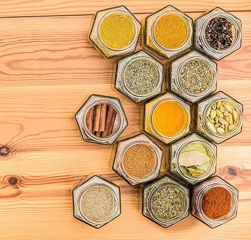 Miniatura 4 de Cornucopia - Mini tarros hexagonales de vidrio (1.5 onzas, paquete de 48 unidades), pequeños tarros hexagonales con tapas doradas para especias,