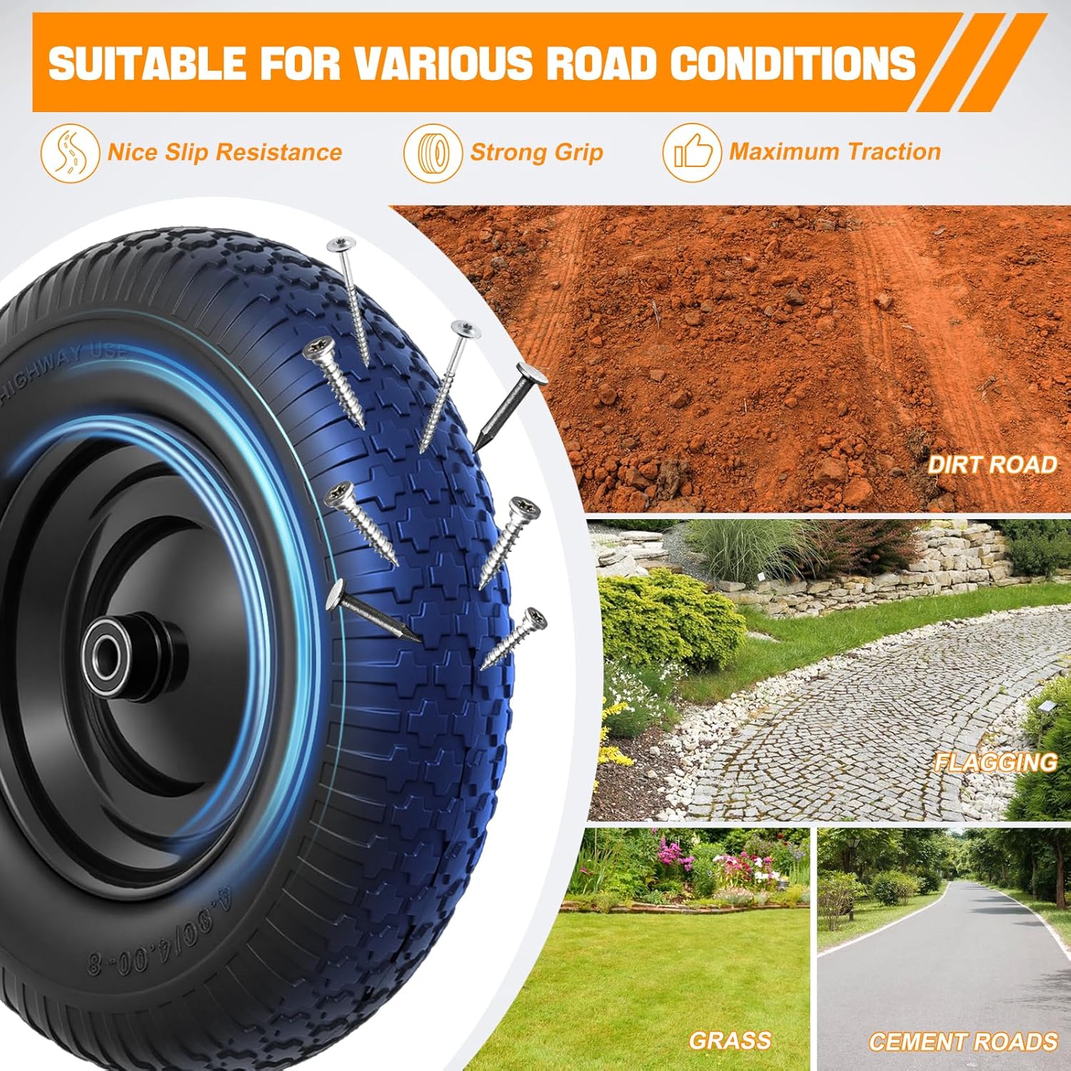 Yesker 4.80/4.00-8" Tires and Wheels Flat-Free, 14.5" Solid Replacement Tire Wheel with 5/8" Axle Bore for Wheelbarrow, Gorilla Cart, Trolley, Garden Scooter Cart, 1 Pack