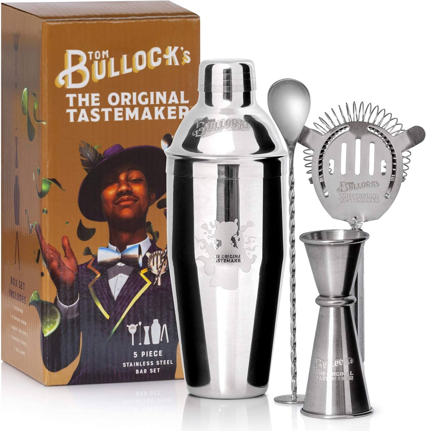 Bundled 5 pc. Cocktail Shaker Bar Set by Tom Bullock's, The Original Tastemaker and Tom Bullock's Heavy Base Cocktail Glasses, set of 4 (10 oz.)