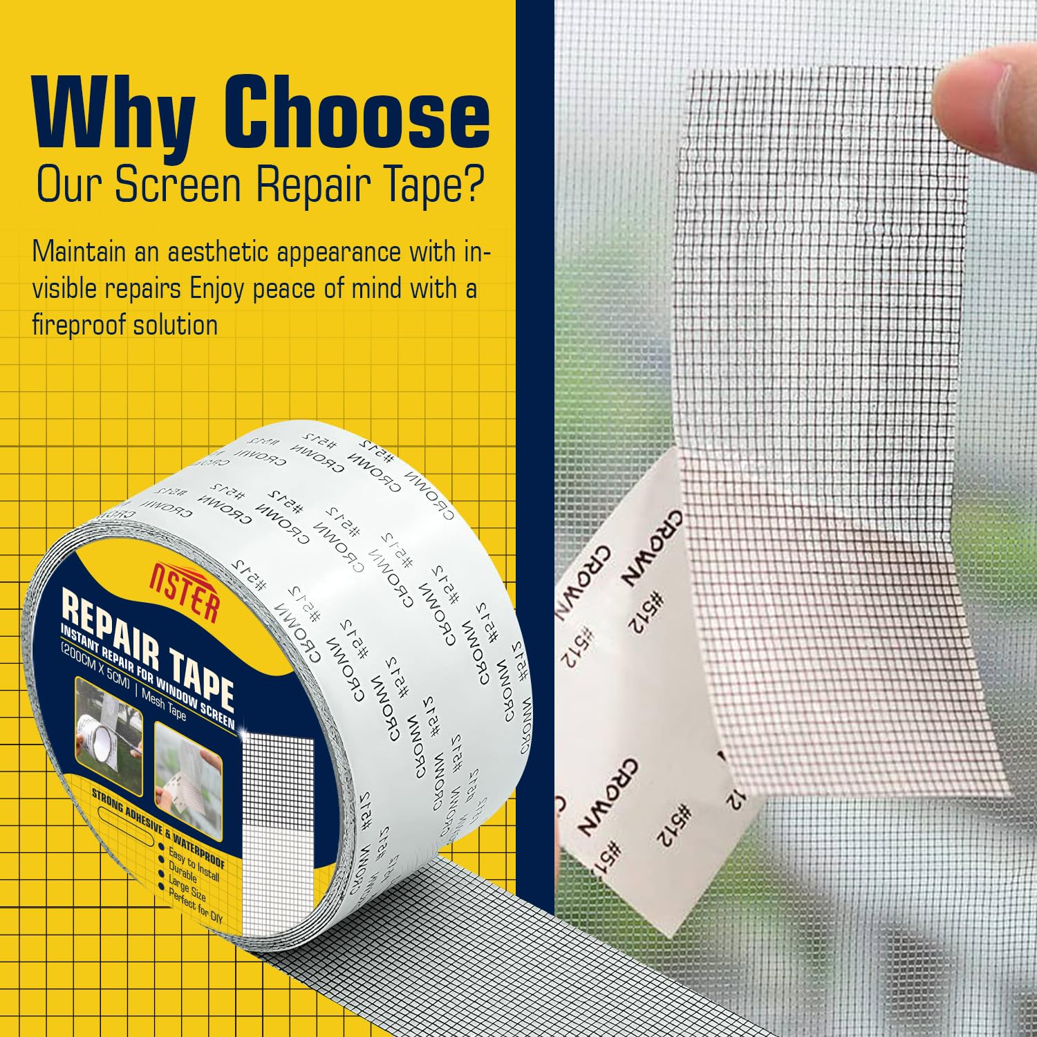 VIVNITS Mosquito Net Repair Tape (200cm x 5cm) β Self Adhesive Fiberglass Mesh Patch Roll for Window & Door Screen Repair, Fix Broken Net Holes, Durable & Strong, Pack of 1 (200Cm X 5CM) 1